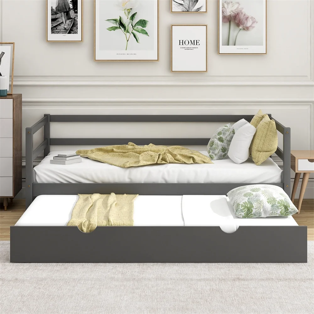 Twin Daybed with Trundle Frames Solid Wood Twin Size Bed with Roll-Out Trundle, Gray