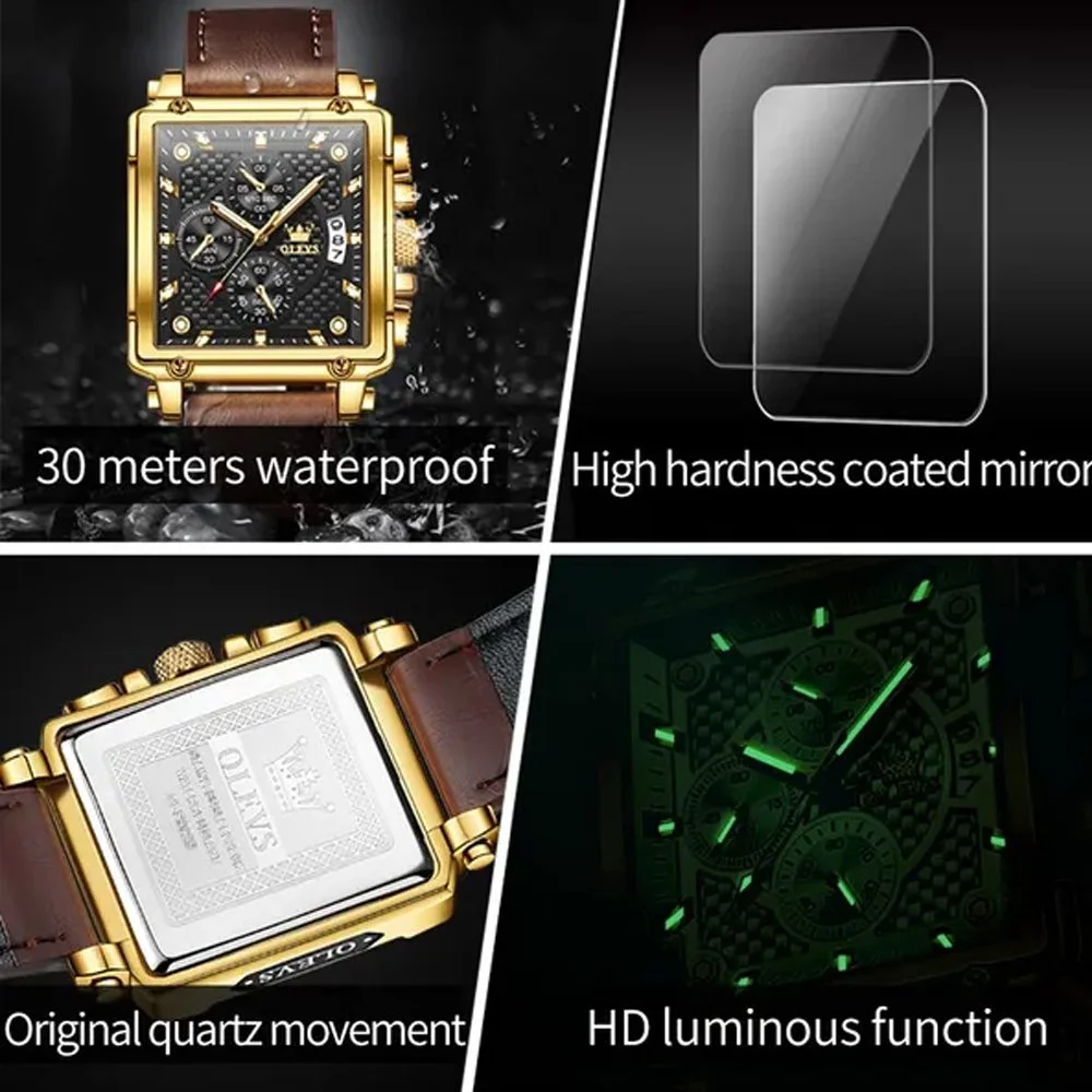 OLEVS Men's Square Watch Brown Leather Chronograph Fashion Business Watch Luminous Waterproof Casual Watch Luxury Men's Watch