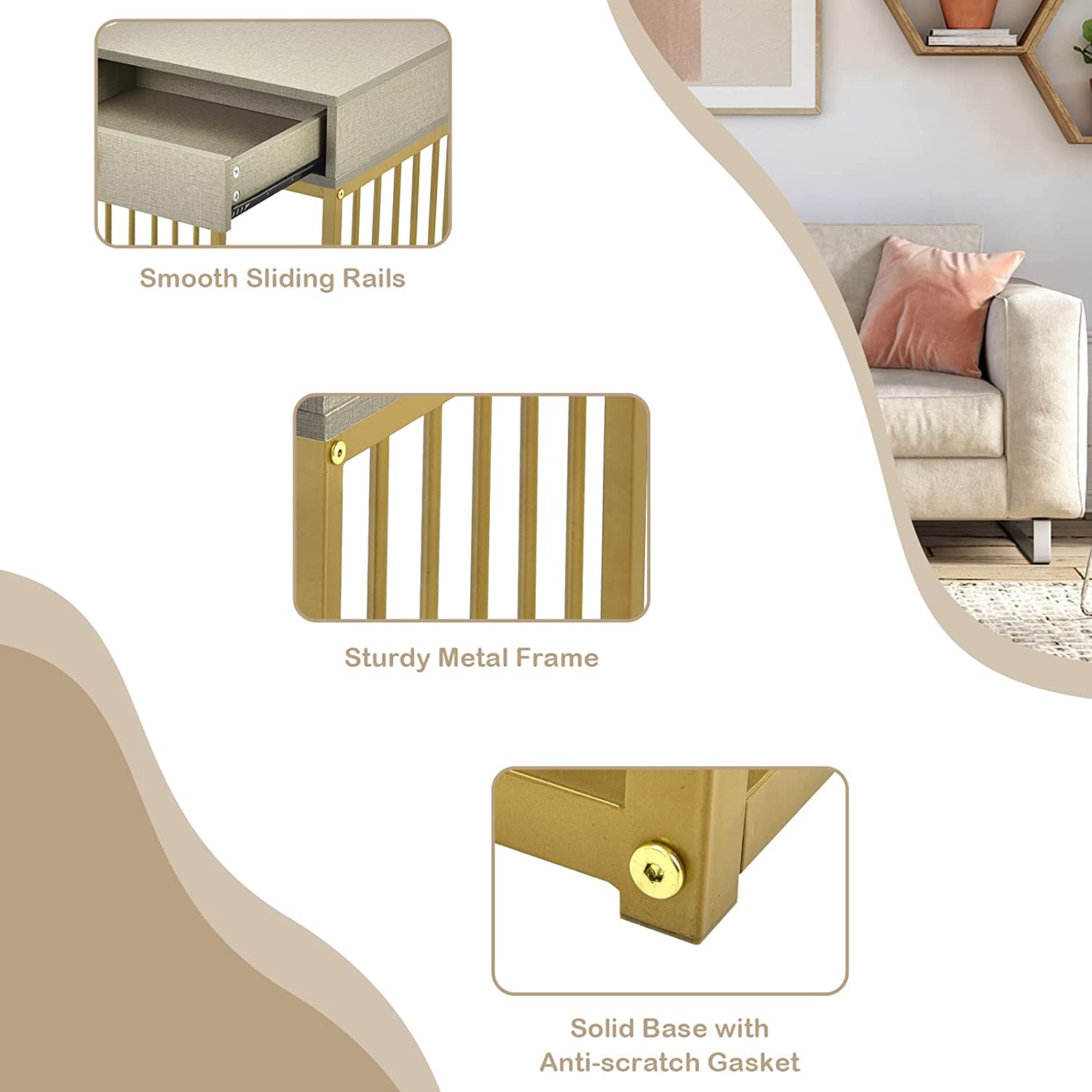 Nesting Coffee Table Set of 2, Rectangular Modern Stacking Living Room Accent Cocktail Tables, 2 in 1 Space-Saving End Table w/Drawer, Sofa Side Tables w/Faux Marble & Linen-Like Top