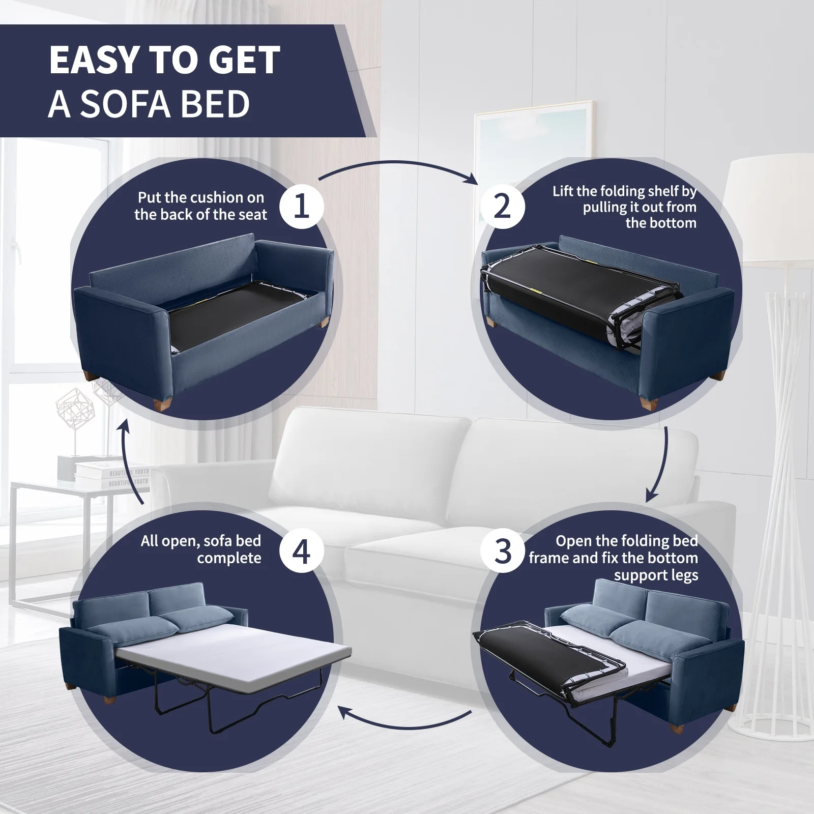 ijuicy 2-in-1 Pull Out Sofa Bed Full Size, Velvet Loveseat Sleeper Sofa with Folding Mattress, Pull Out Couch Bed for Small Spaces, Sleeper Sofa for Living Room/Apartment/Office- Blue