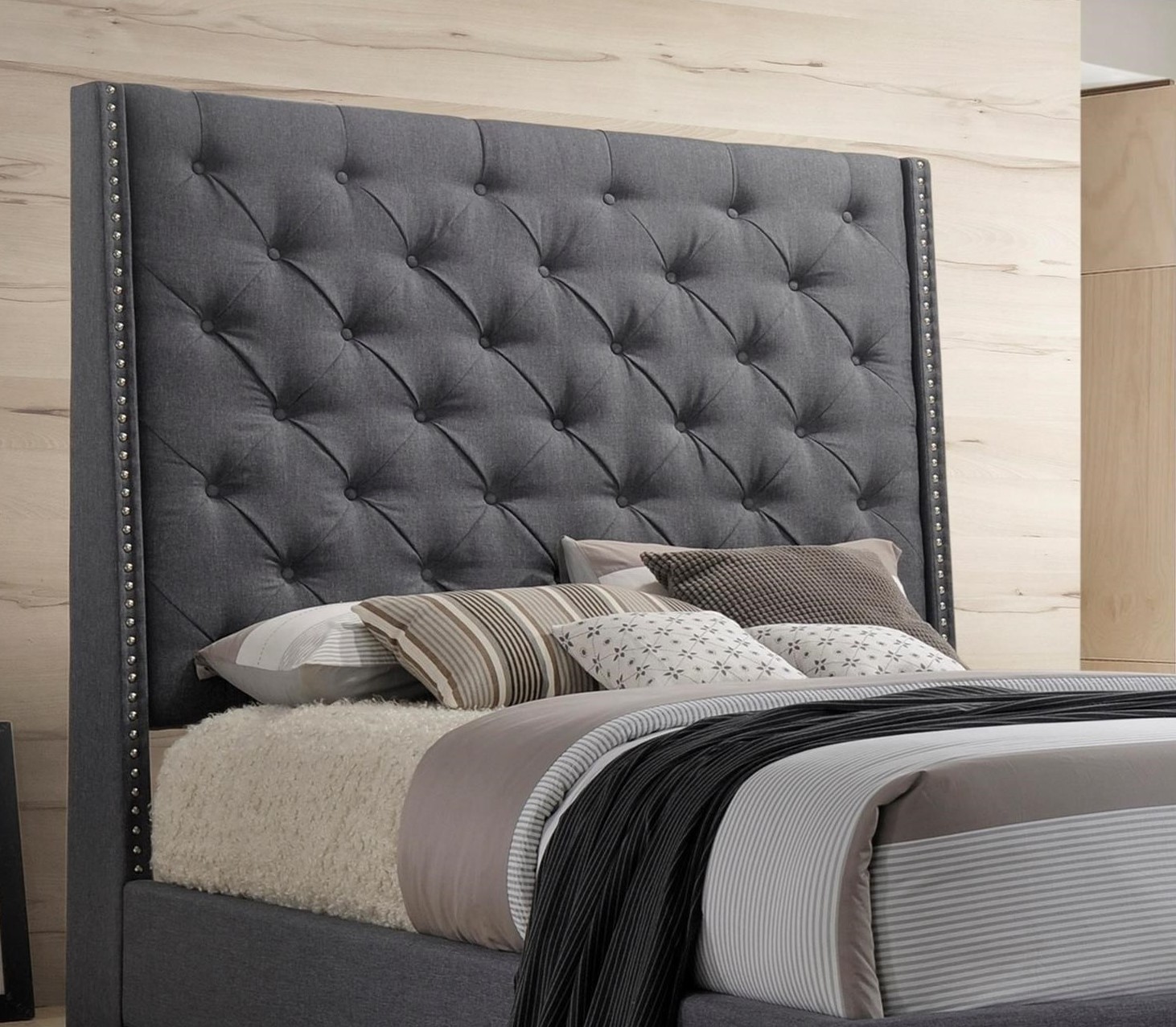 1Pc Grey Color Elegant Contemporary Upholstered Queen Bed Button Tufted Headboard Demi-Wings Bedroom Furniture