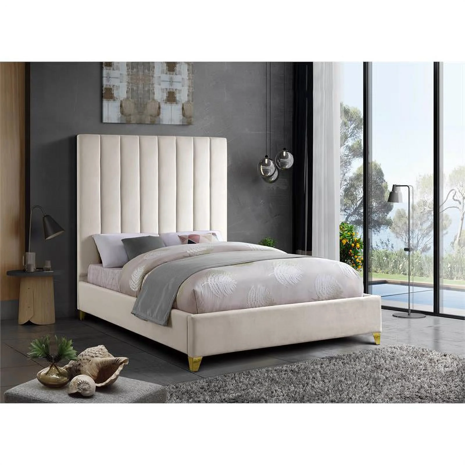 Meridian Furniture Via Rich Velvet Queen Bed in Cream