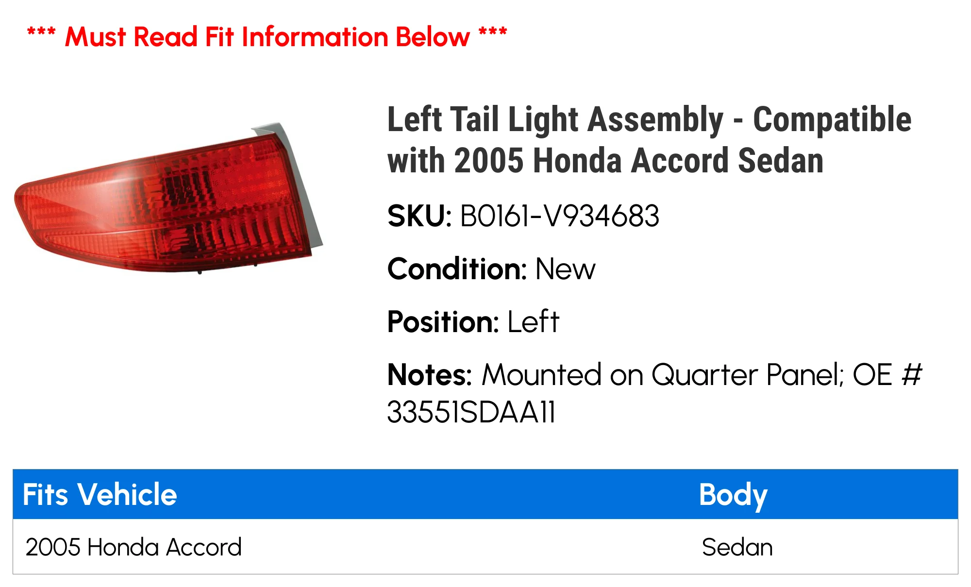 Left Tail Light Assembly - Compatible with 2005 Honda Accord Sedan