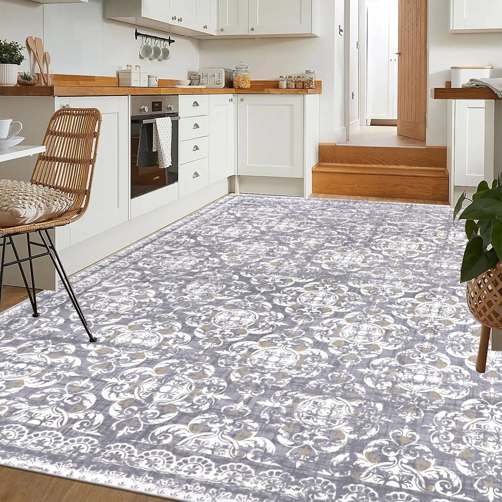 MeyJey Boho Indoor Living Room Area Rug 8'x10', Non-Slip Washable Vintage Oriental Bedroom Carpet, Gray/Tan