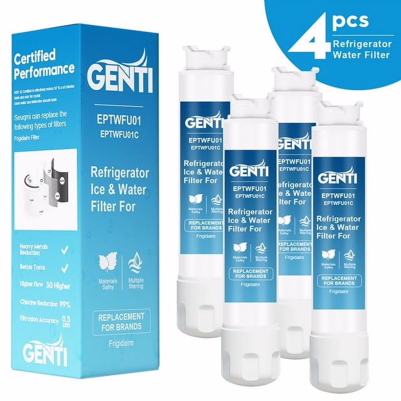 GENTI Refrigerator Water Filter Compatible with Frigidaire® EPTWFU01, EWF02, Pure Source Ultra II, 4PACK