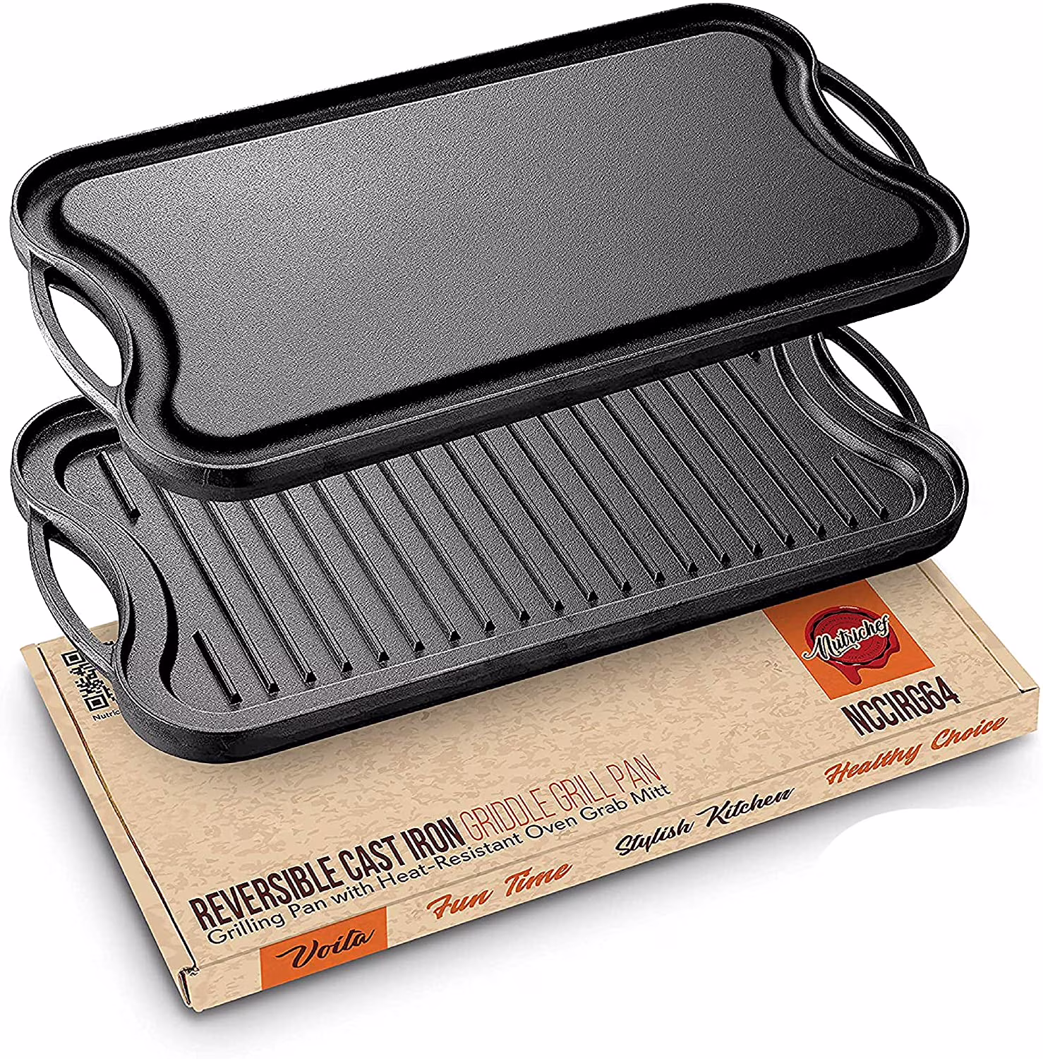 Cast Iron Reversible Grill Plate - PFOA & PFOS Free Oven Safe Flat Cast Iron Skillet Griddle Pan Grilling Pan w/ Scraper For Electric Stovetop, Ceramic - NutriChef NCCIRG64
