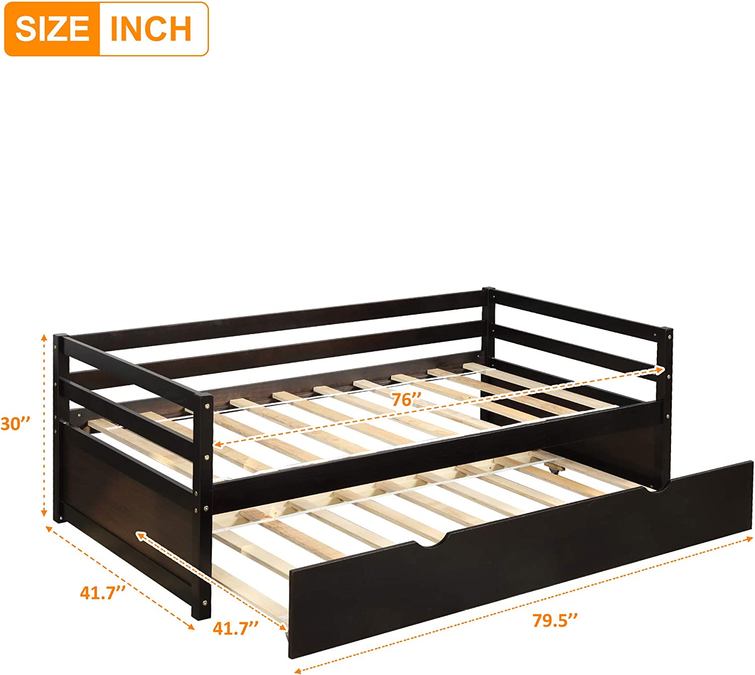 Size Daybed With Trundle, Solid Wood Daybed Frame With Pull Out Trundle, Captains Bed Sofa Bed, Wood Slat Support, No Box Spring Needed