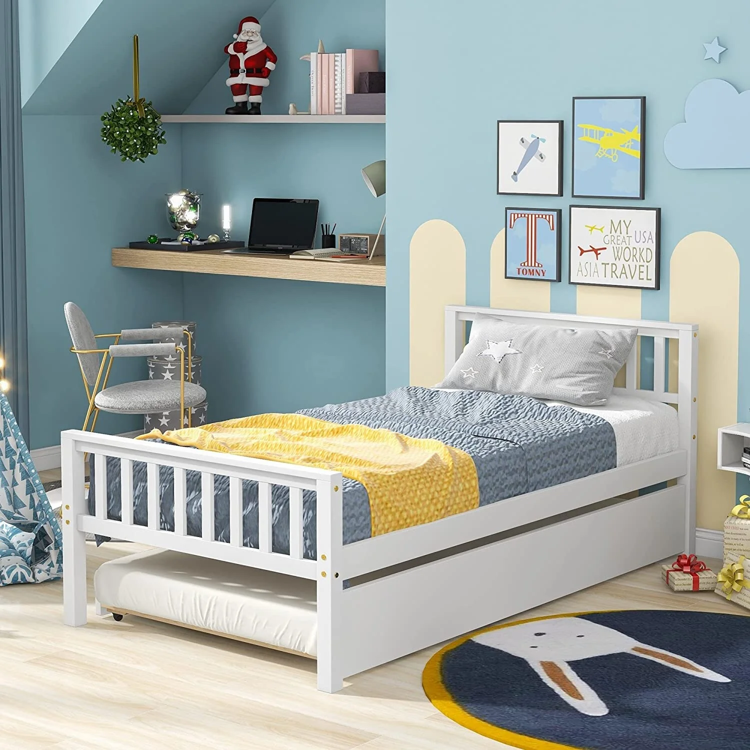 Twin Bed Frame with Trundle, Twin Platform Bed Frame with Pull Lout Trundle for Kids Boys Girls Espresso Espresso Finish