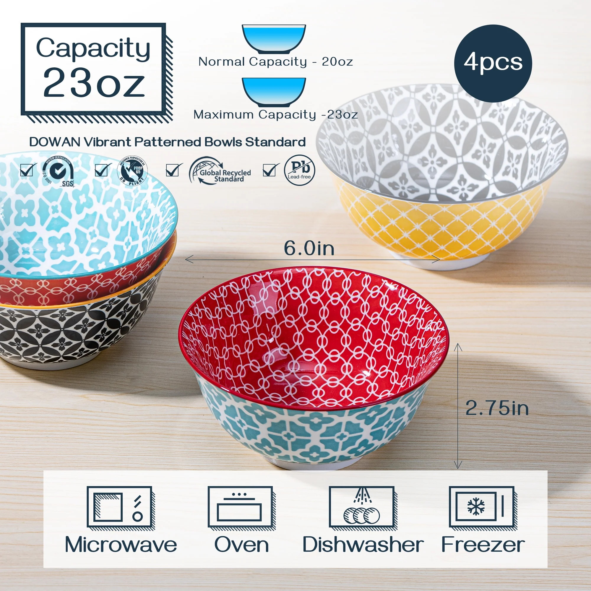 Dowan 4-Piece 6-Inch Vibrant Joy Ceramic Soup Salad Cereal Bowl 23OZ with Dishwashing Sponge