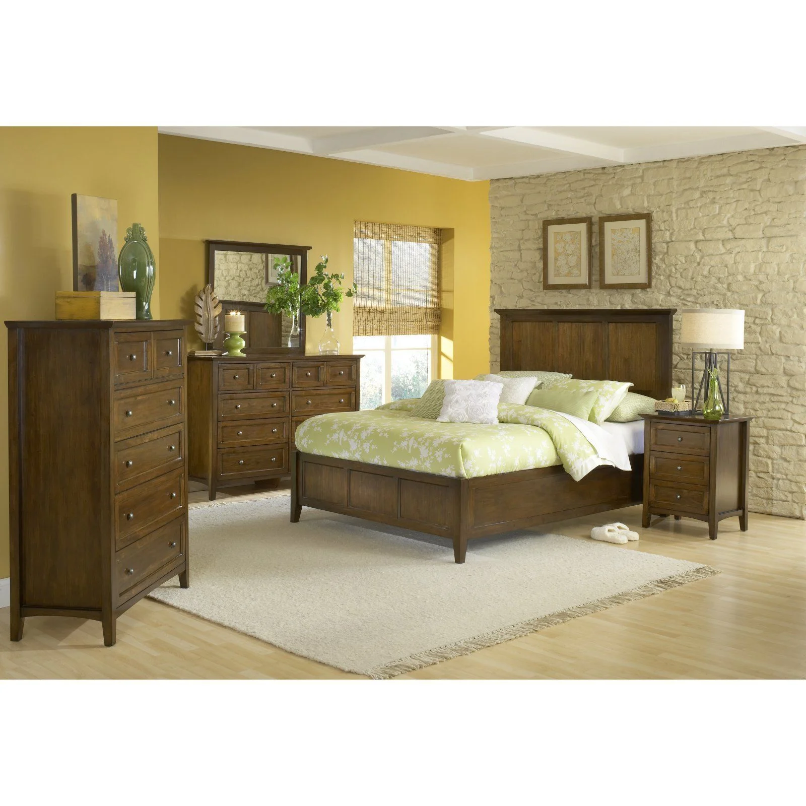 Pantego 5PC Cal King Bed, 2 Nightstand, Dresser & Mirror Set in Pecan Mahogany