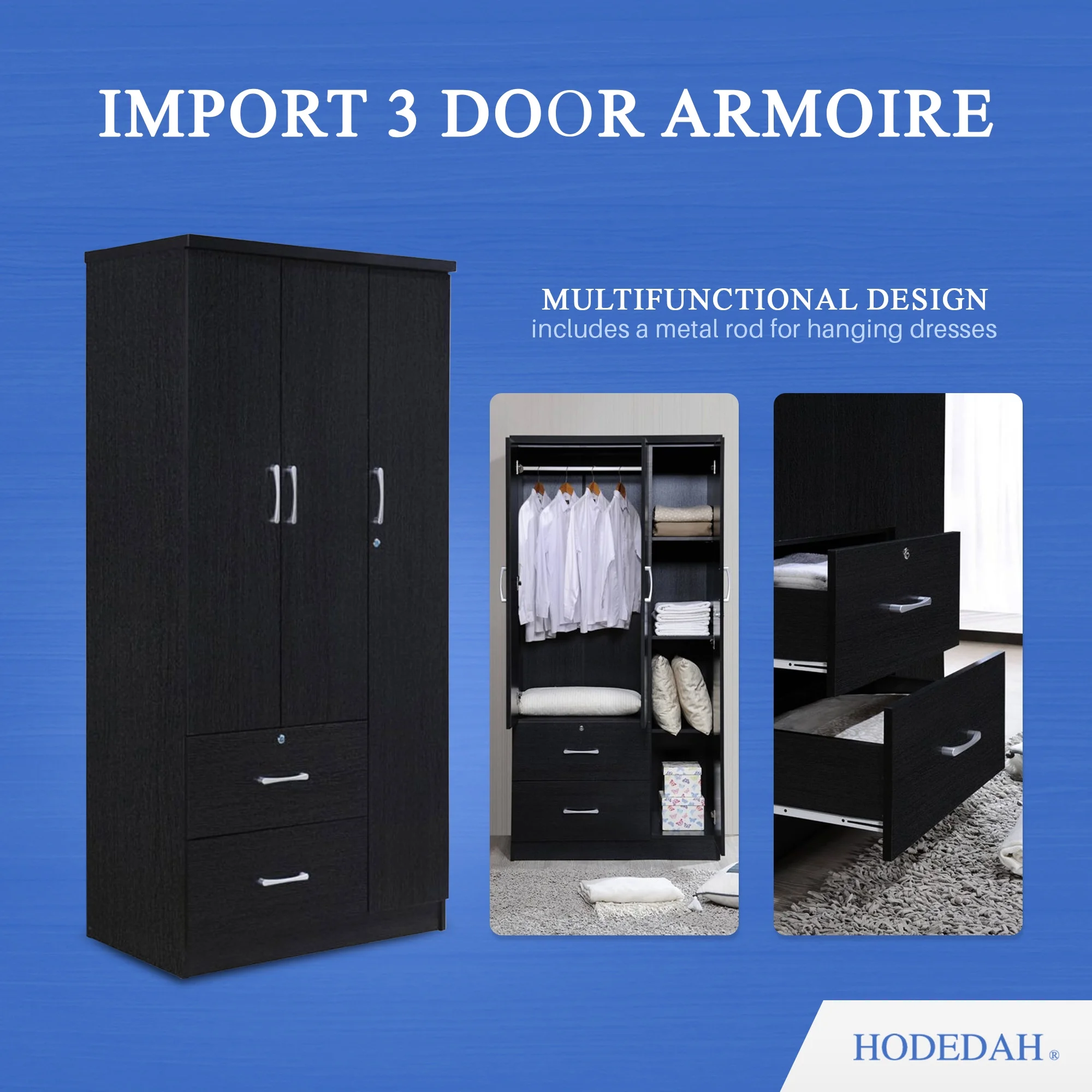 Hodedah Import 3 Door Armoire w/ Clothing Rod, Shelves, & 2 Drawers, Black