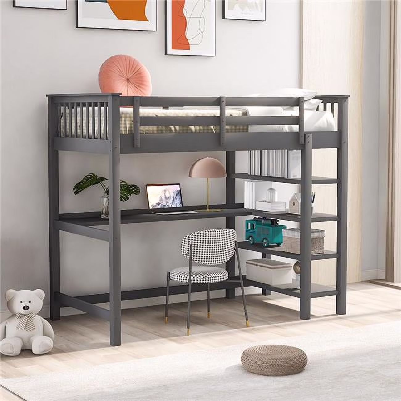HomeRoots 404098 Gray Wood Loft Bed with Storage Shelves & Desk - Twin Size