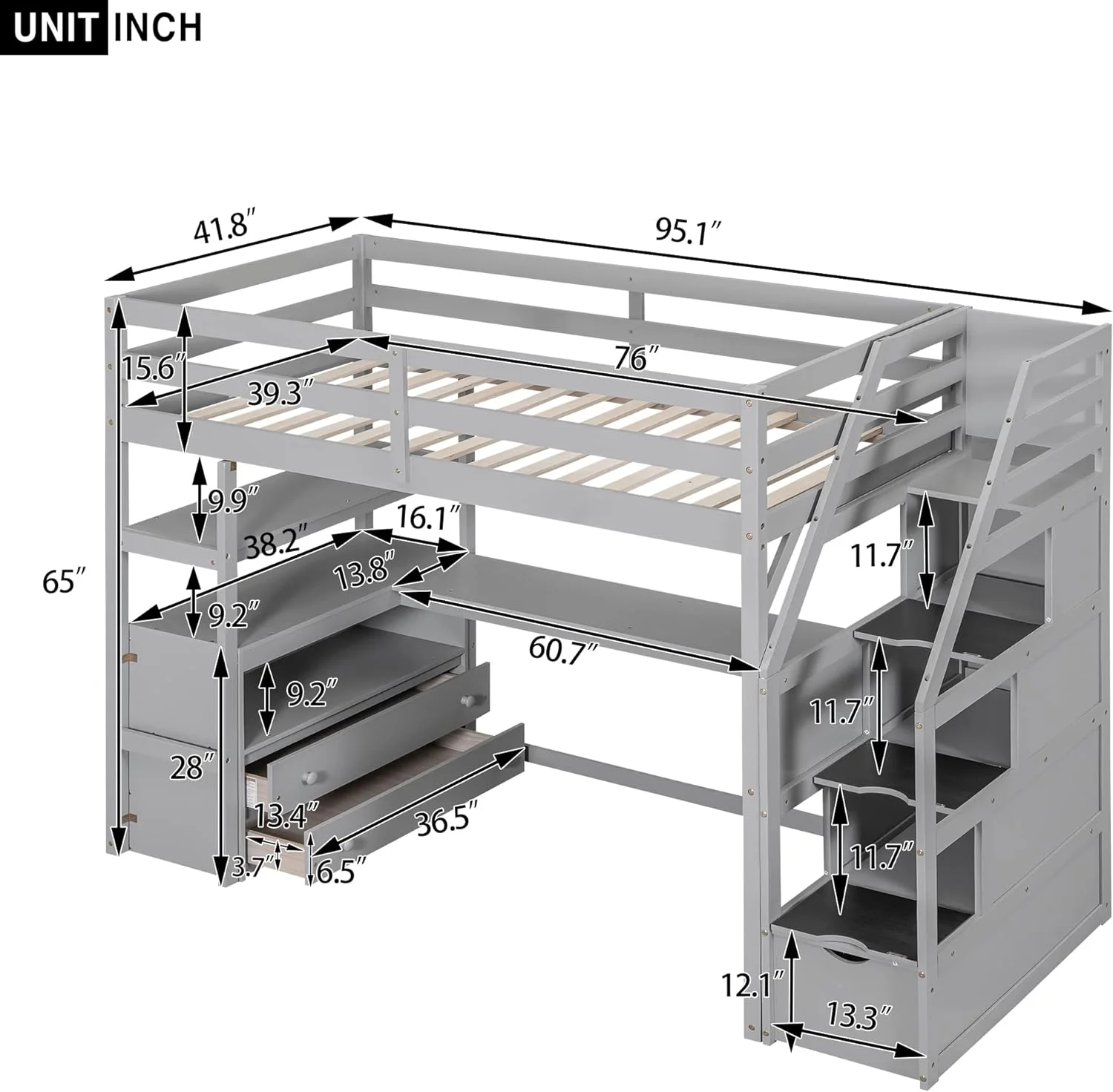 Size Loft Bed With Stairs And Desk, Solid Wood Loft Bed With Bookshelf And Drawers, High Loft Bed Frame With Storage Staircase For Kids Teens, Gray