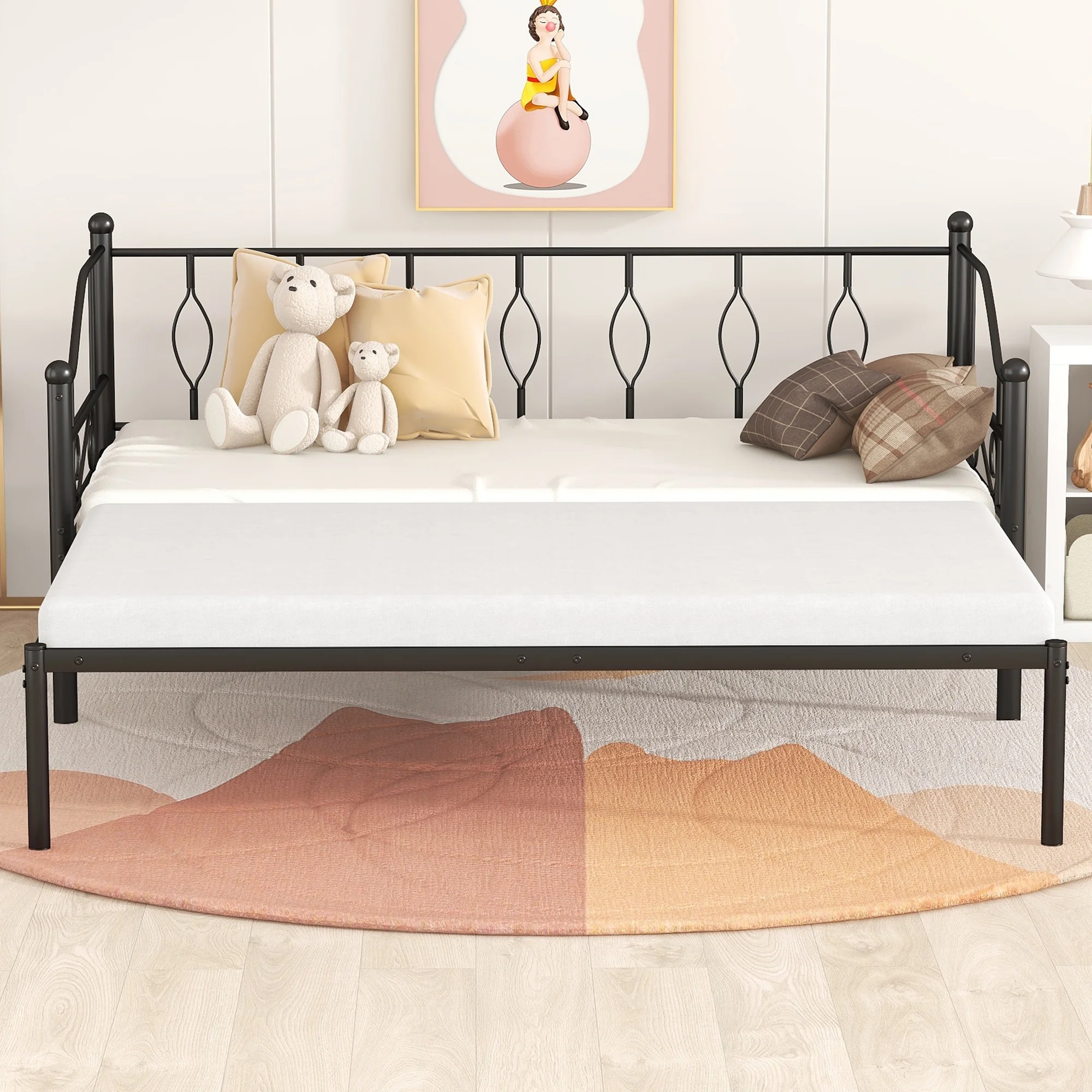 Twin Size Metal Frame Daybed with Trundle, Heavy Duty Steel Slat Support Saving Space Bed Sofa, Bedroom Living Room Furniture for Kids Boys Girls Teens Adults Guests, No Spring Box Needed, Black