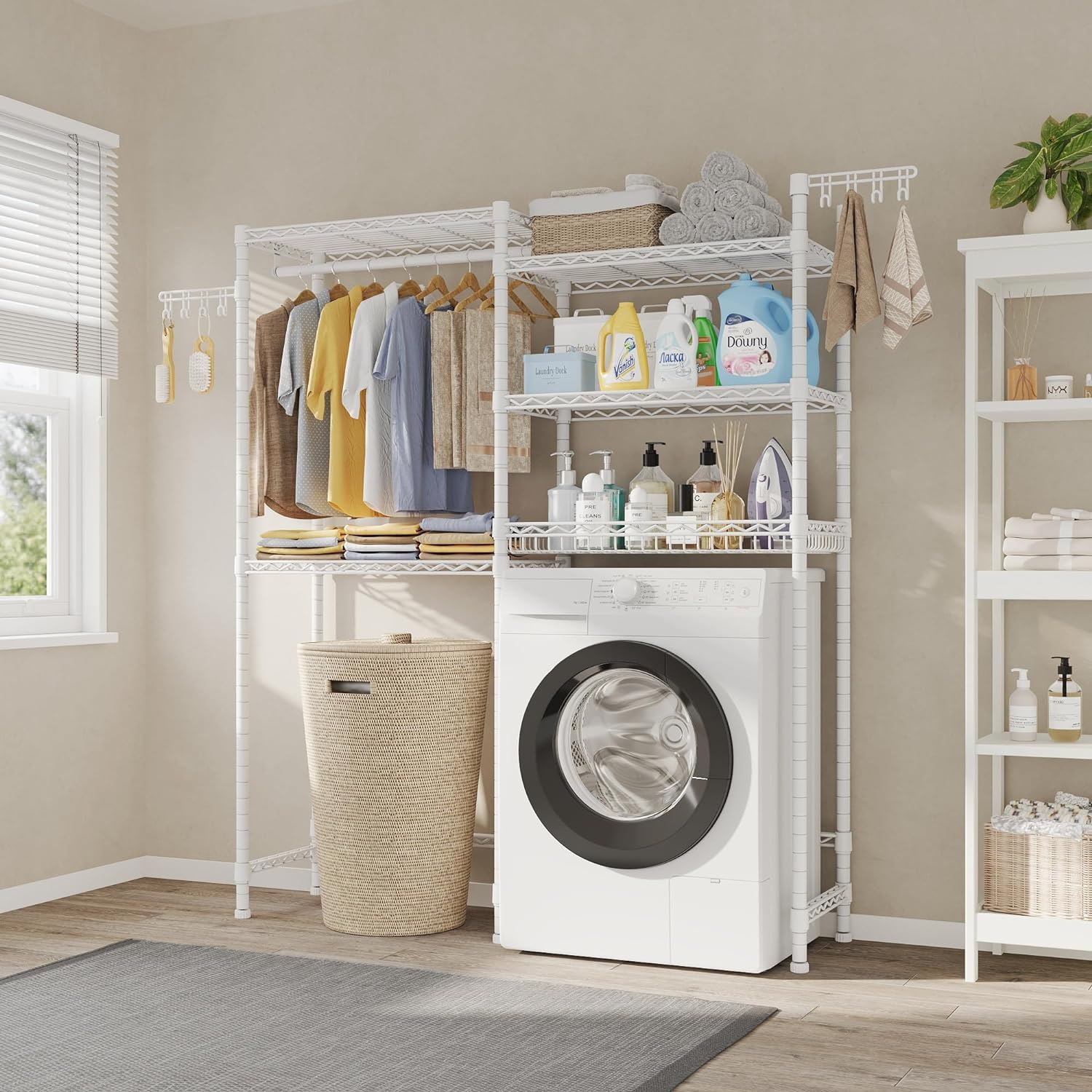 H6 Pro Over the Washer and Dryer Storage Shelf, Laundry Room Organization Storage with Adjustable Shelves & Wire Basket, Over Washer Storage With Clothes Drying Rack and Hook, Large Size,White