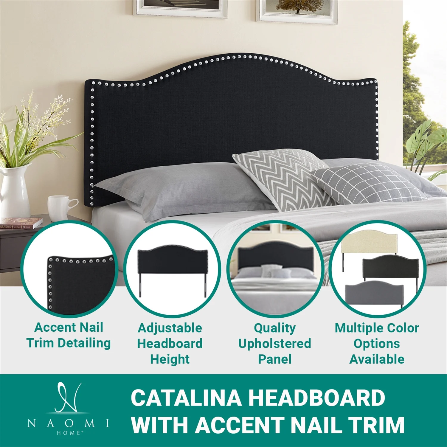 Catalina Headboards for Full Size Bed, Upholstered Nail Head Bed Headboard, 12 Adjustable Positions Full Headboard Only, Wall Mounted Headboard, Bed Backboard Linen Fabric Head Board - Dark Gray