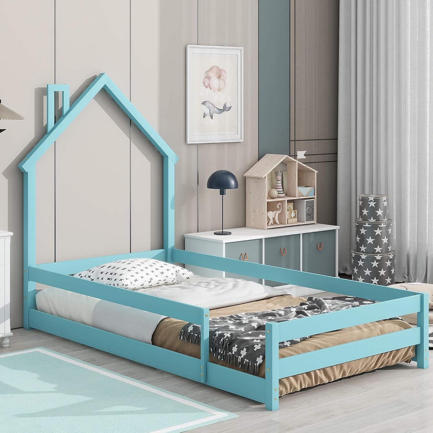 Tabaray Twin Size House-Style Bed Frame with Nightstand, Modern Twin Floor Bed Frame with House Shaped Headboard for Kids Boys Girls Teens (Light Blue)