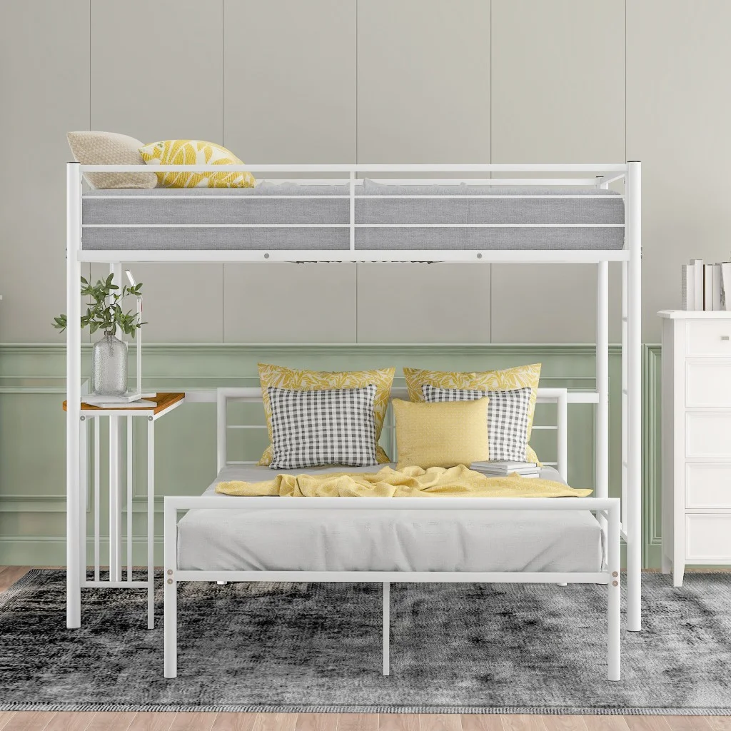HomeRoots 403898 White Twin Over Full Size Metal Bunk Bed with Desk