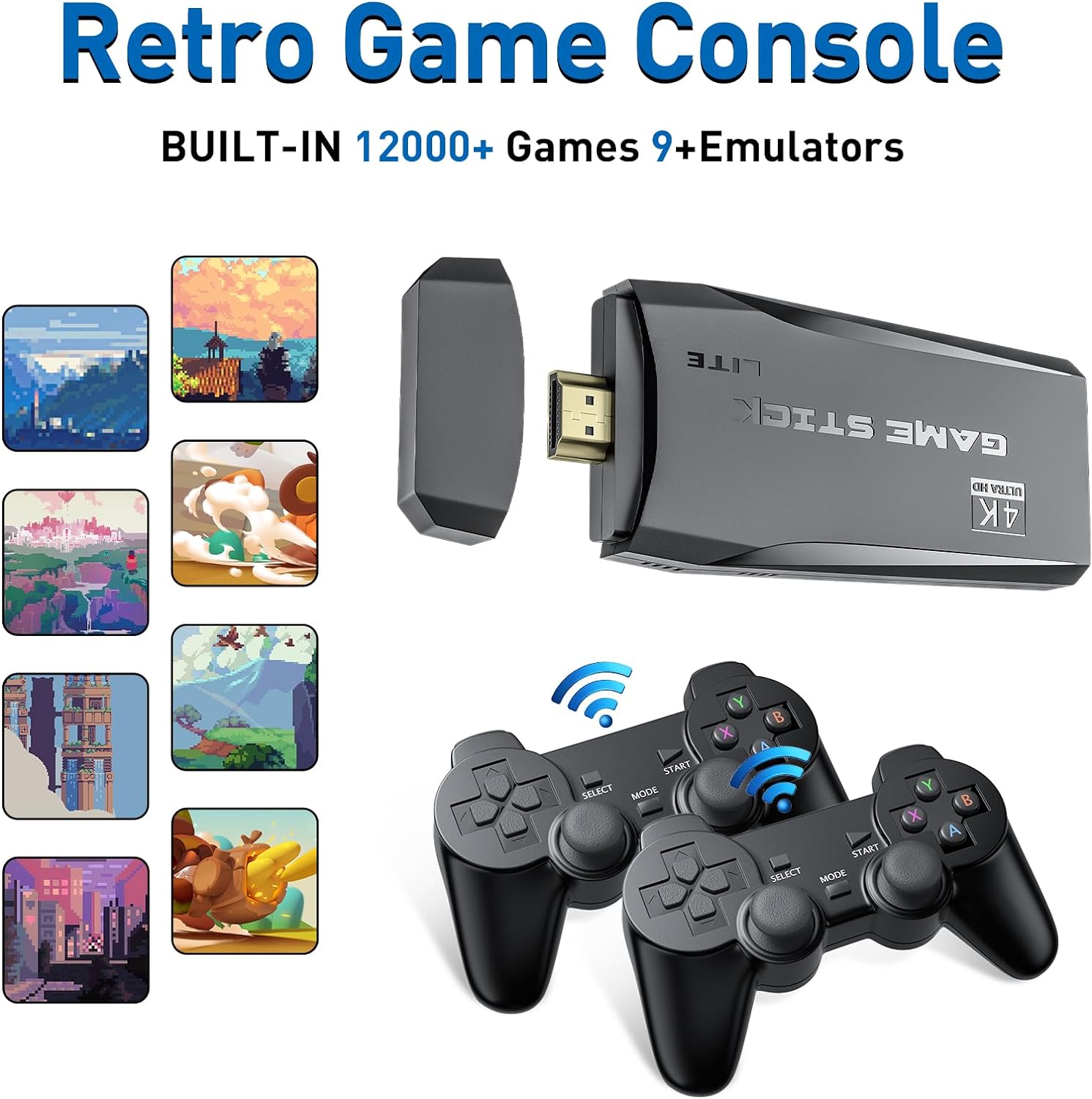 Retro Game Stick - Nostalgia Stick S2 Preloaded 12000+ Classic Retro Games,9 Emulators,Plug and Play Video Games for TV,Emulator Console S2 Support 4K HDMI Port,2 Wireless Gamepads(64G)