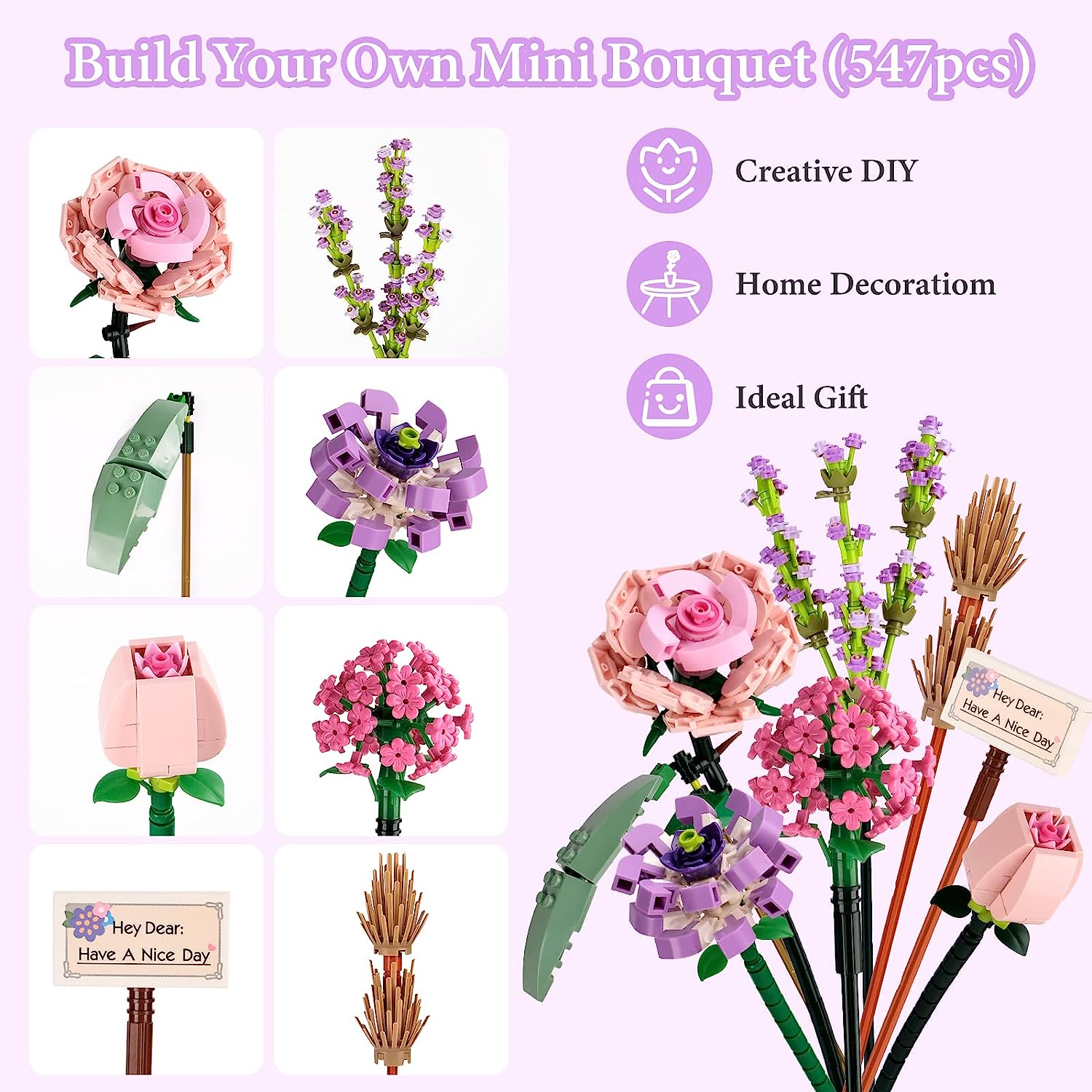 Cumbed Cumbed Flowers Building Blocks,547 PCS Flower Bouquet Building Kit,Mini Rose Artificial Flowers Building Blocks