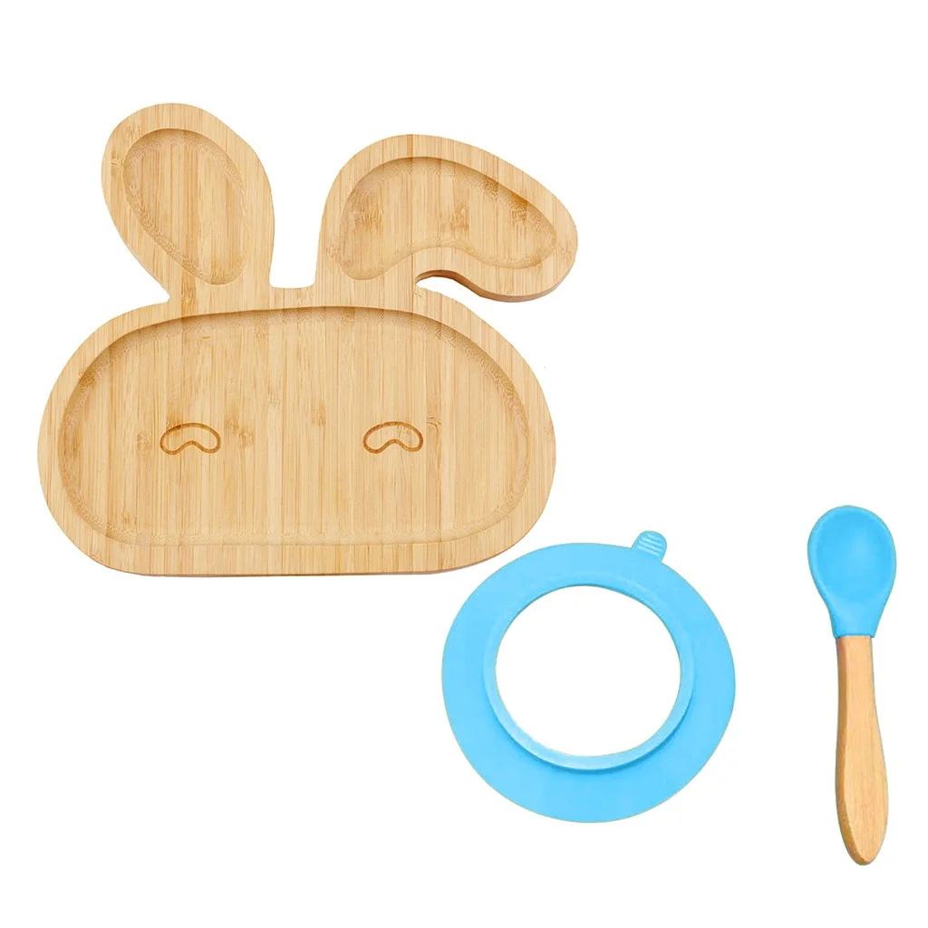 Gaiseeis Baby Toddler Sheep Plate Silicone Suction Feeding Bowl Suction Spoon Set Blue
