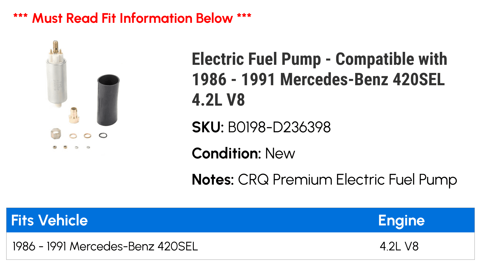Electric Fuel Pump - Compatible with 1986 - 1991 Mercedes-Benz 420SEL 4.2L V8 1987 1988 1989 1990
