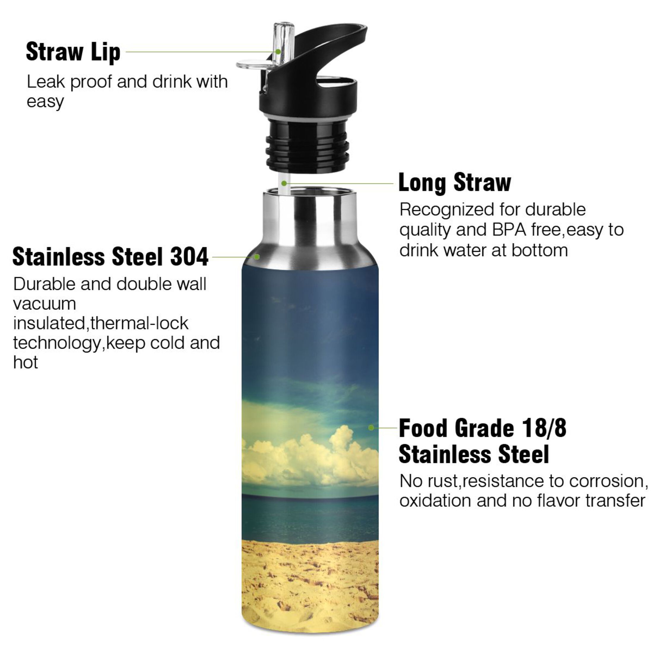 Beautiful Beach and Tropical Sea Water Bottles Insulated Thermos Kids Stainless Steel Bottle with Straw Lid Flask Leakproof for Sports Gym 20 oz