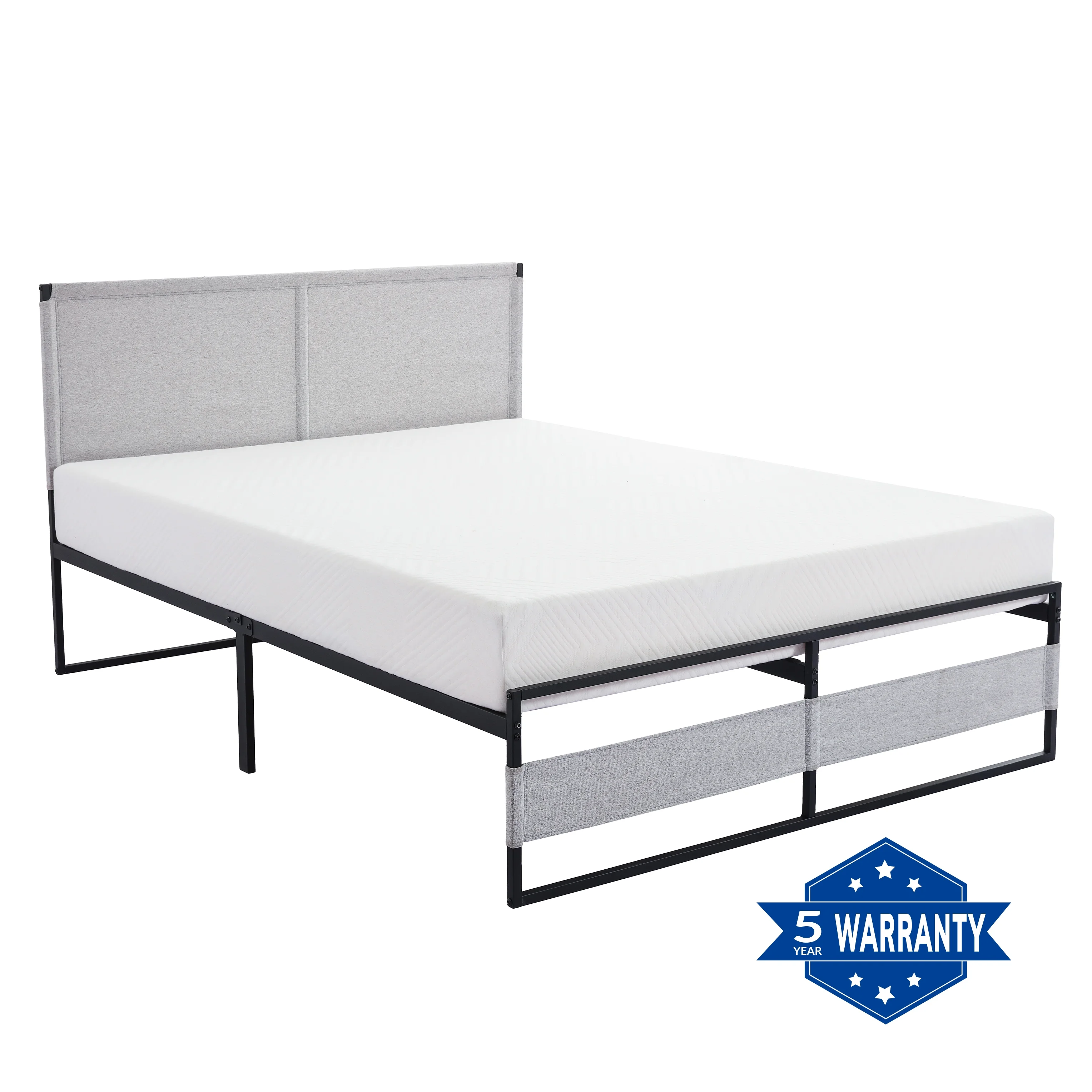 14 inch V4 Adult Platform Metal Bed Frame, King Size with Fabric Headboard, Non-Slip