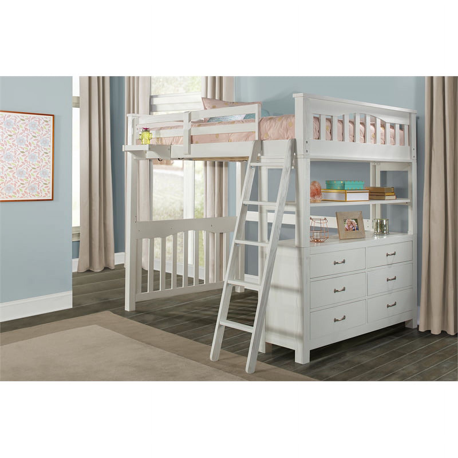 Highlands Full Loft Bed with Hanging Nightstand in White