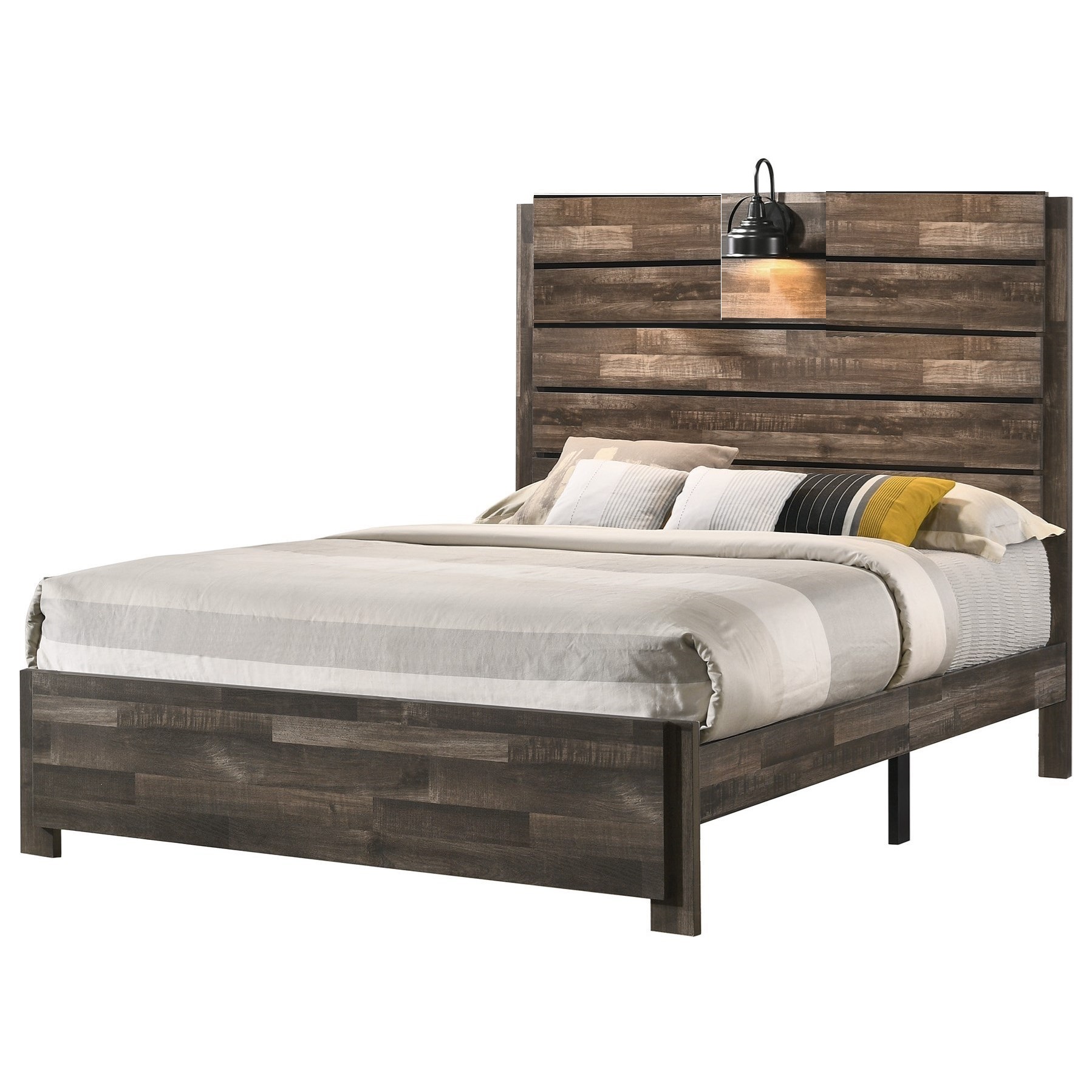 Contemporary Rustic Brown Finish Full Size 6Pc Built in Light Headboard Platform Bed Dresser Mirror Nightstand Chest Set Wooden Bedroom Furniture