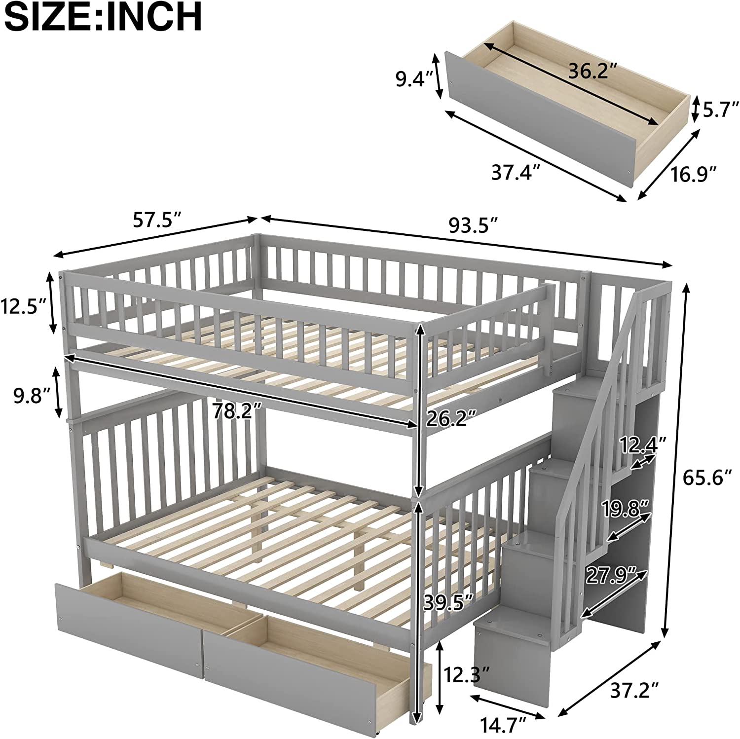 Full Over Full Bunk Bed With Stairs, Solid Wood Bunk Bed With Storage Drawers For Kids Teens Adults - Gray