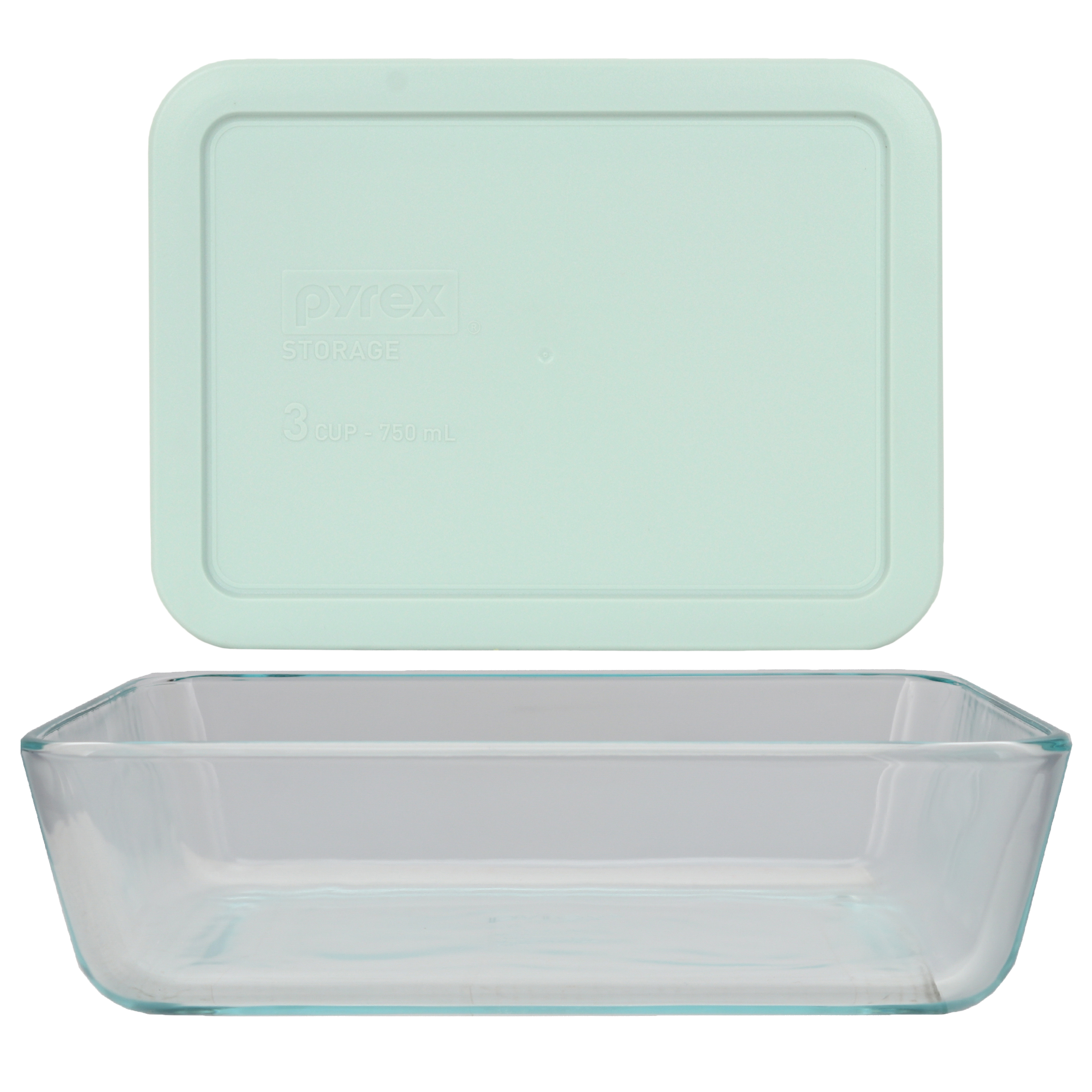 Pyrex (1) 7210 3-Cup Clear Glass Storage Dish and (1) 7210-PC Muddy Aqua Plastic Lid