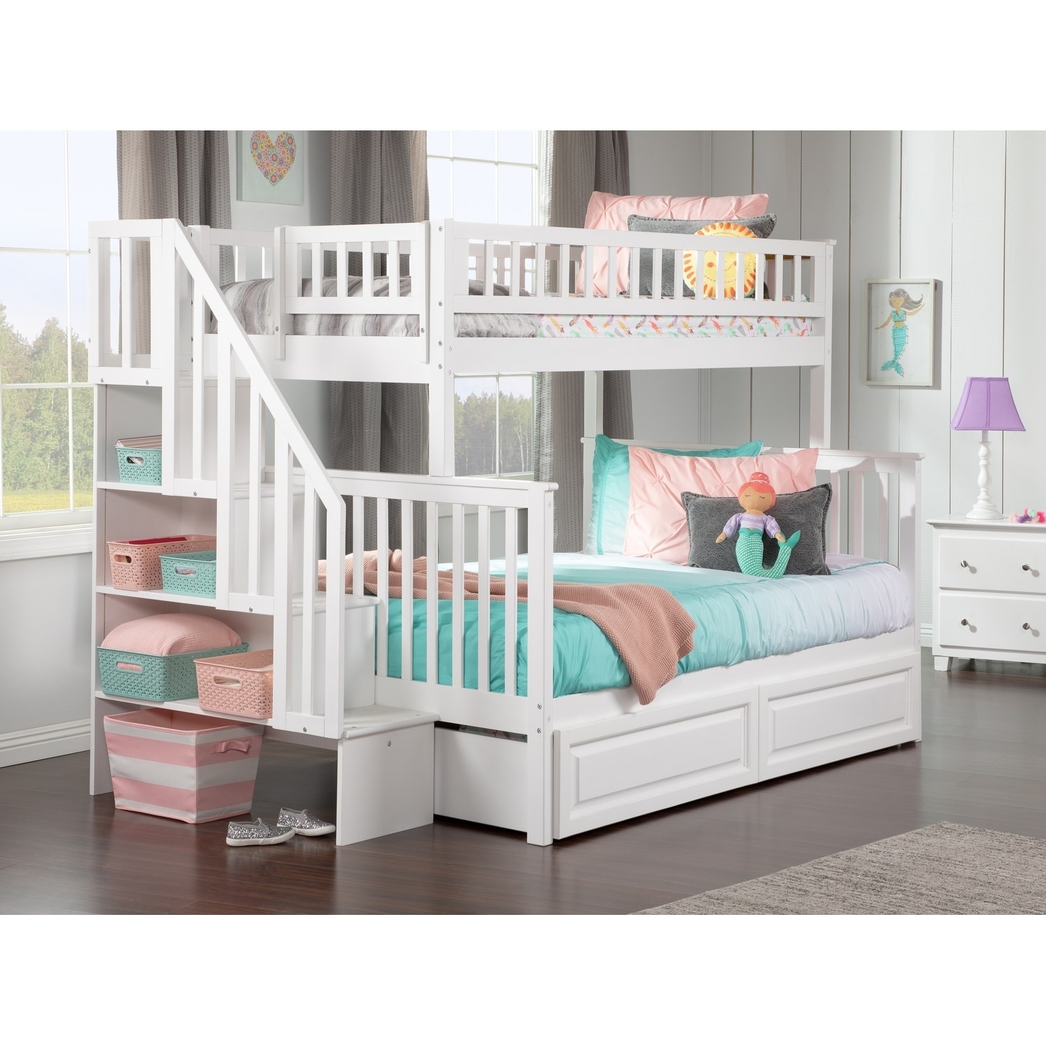 AFI Woodland Staircase Bunk Bed Twin over Full with 2 Drawers in White
