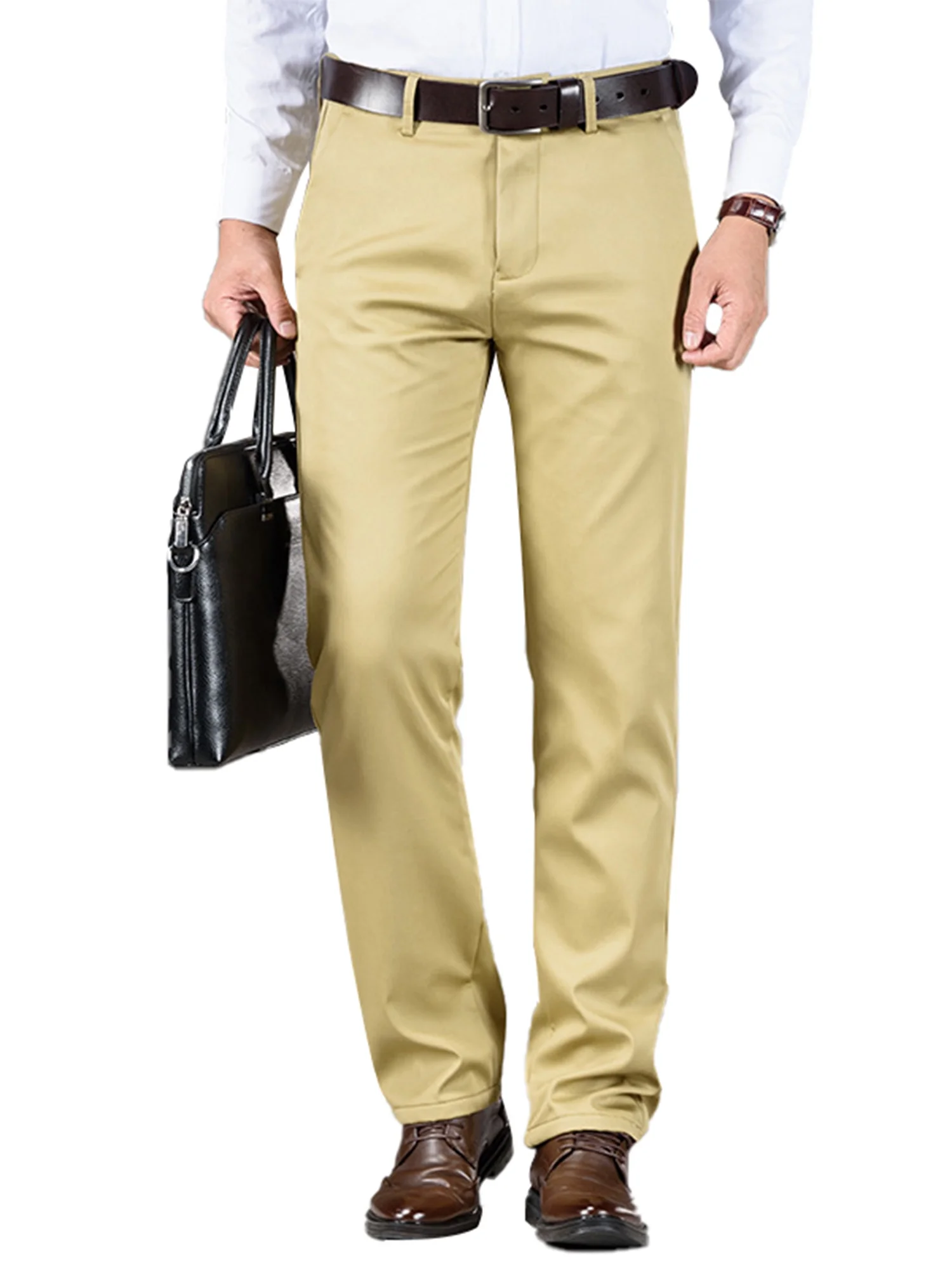 Winter Fleece Lined Regular Chino Pants for Men Stretch Insulated Work to Weekend Pleat-Front Pants