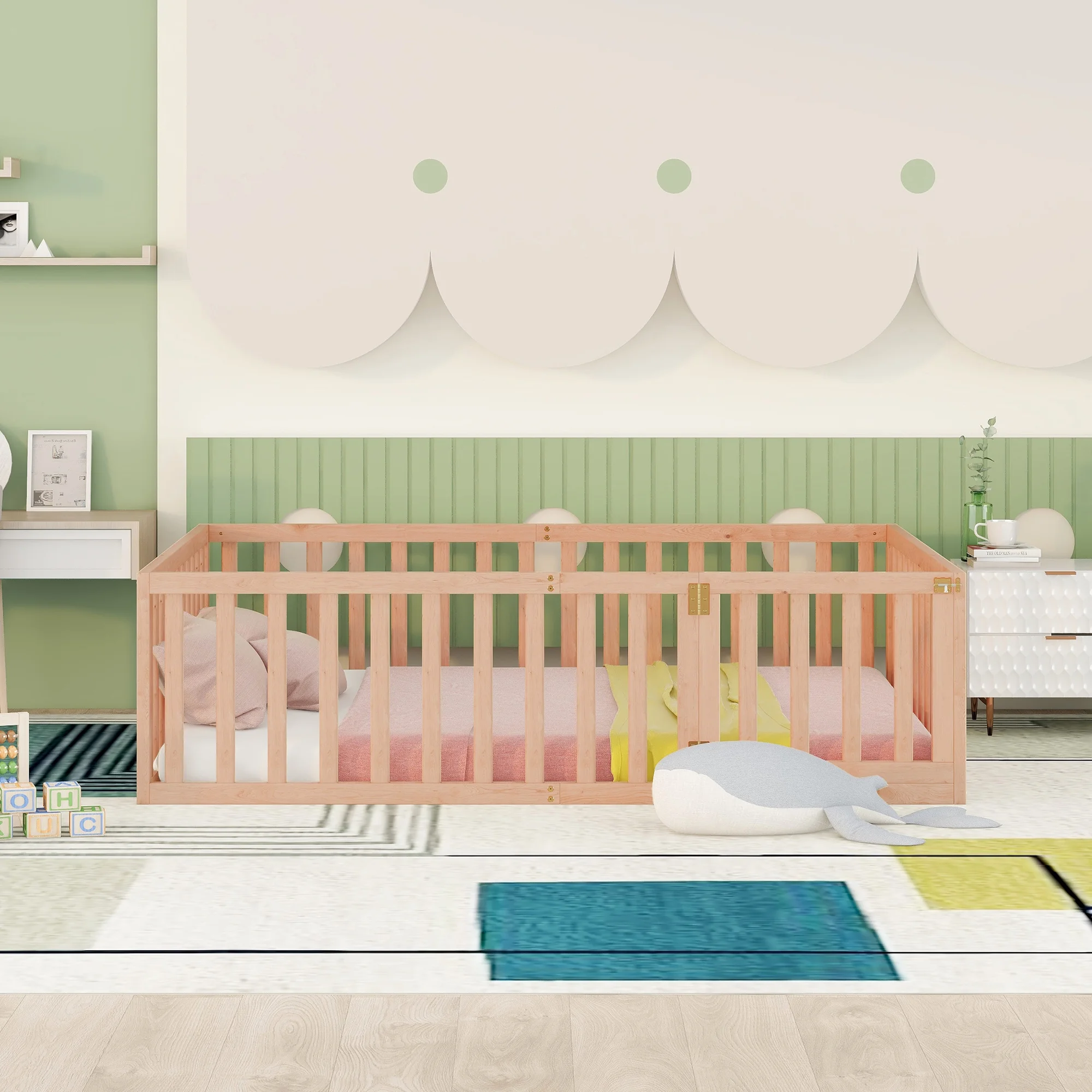 Full Size Wood Daybed Frame with Fence, Natural（OLD SKU:WF289662AAM）