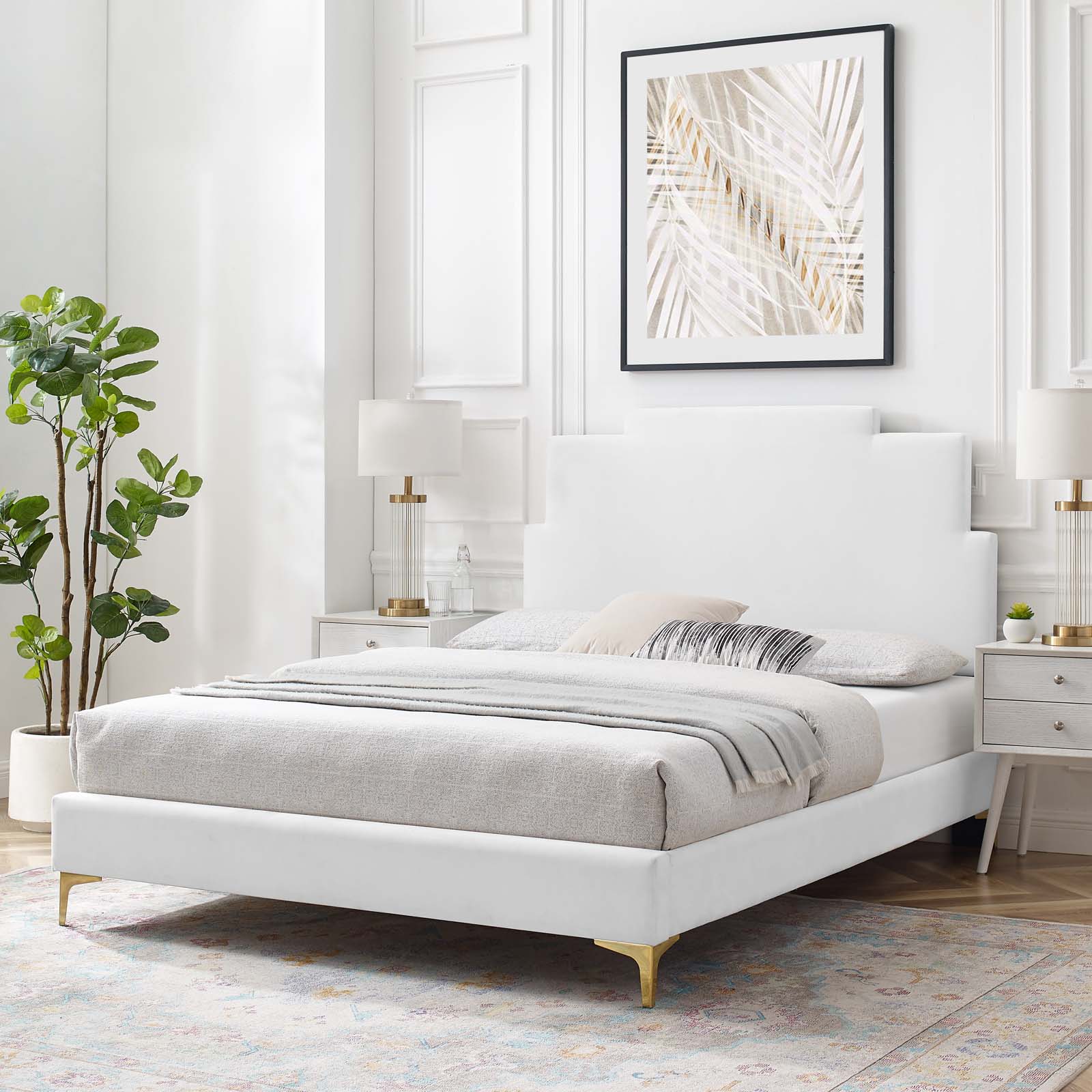Platform Bed Frame, King Size, Velvet, White, Modern Contemporary Urban Design, Bedroom Master Guest Suite