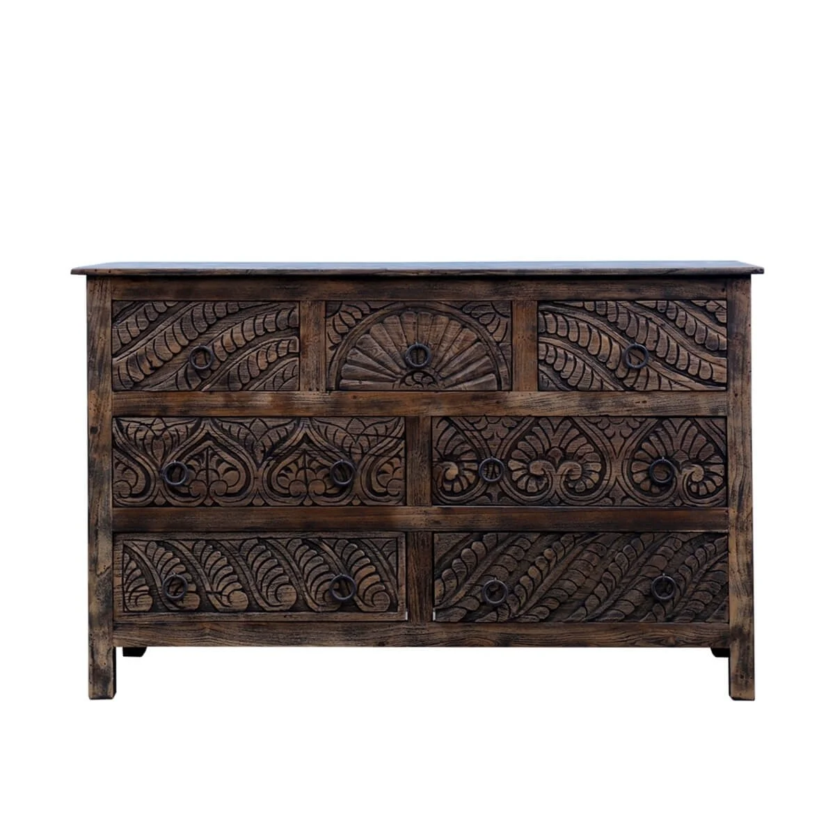 Mughal Garden Indian Hand Carved Reclaimed Wood 7 Drawer Rustic Dresser