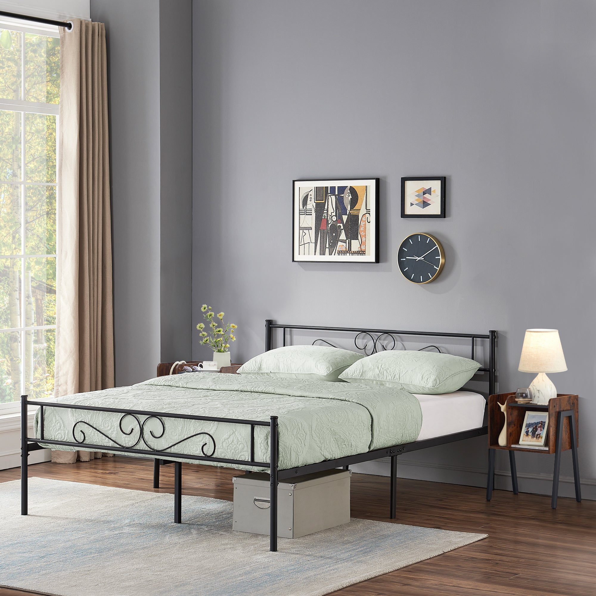 VECELO 3-Piece Bedroom Sets Metal Bed Frame and 2 Nightstands