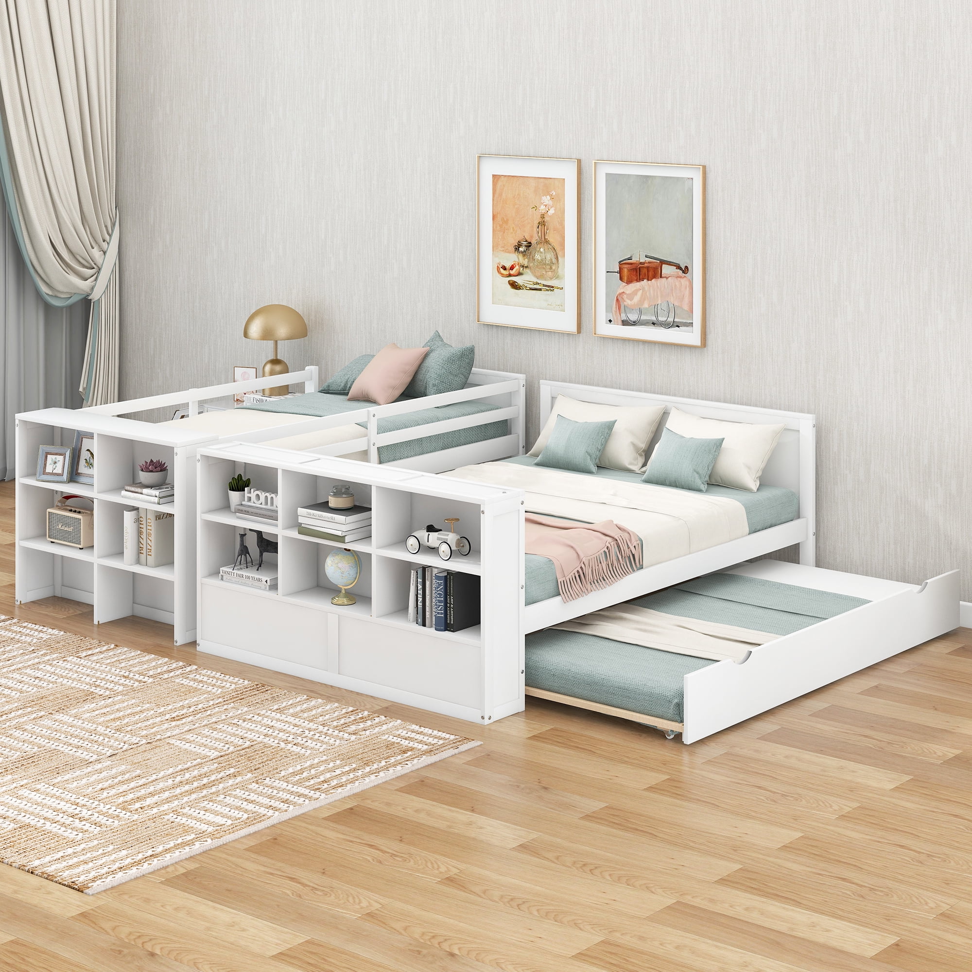 Leadzm Twin over Full Bunk Bed with Trundle and Shelves, can be Separated into Three Separate Platform Beds, White