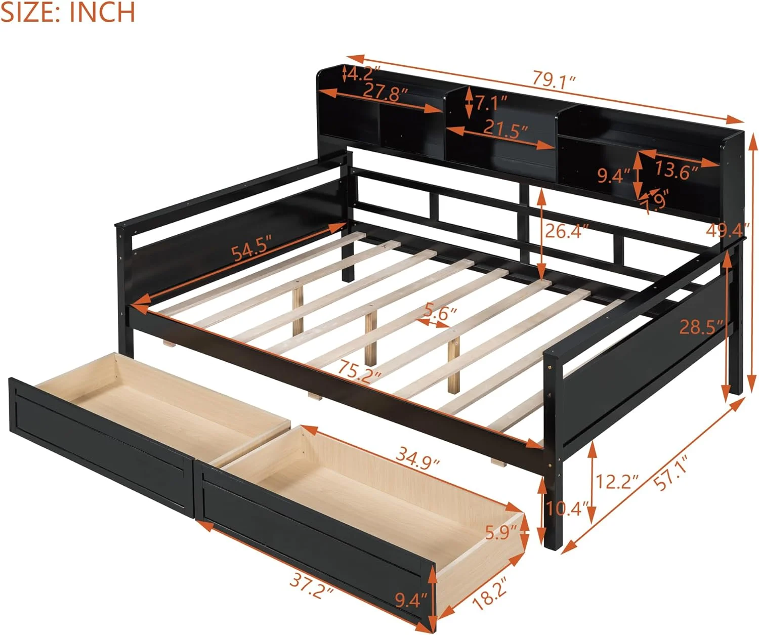 Full Size Daybed Wih Bookcase Ad Drawers, Wood Daybed Wih Sorage Headboard, Full Daybed Frame Wih Slas Suppor For Kids ees Aduls, Espresso