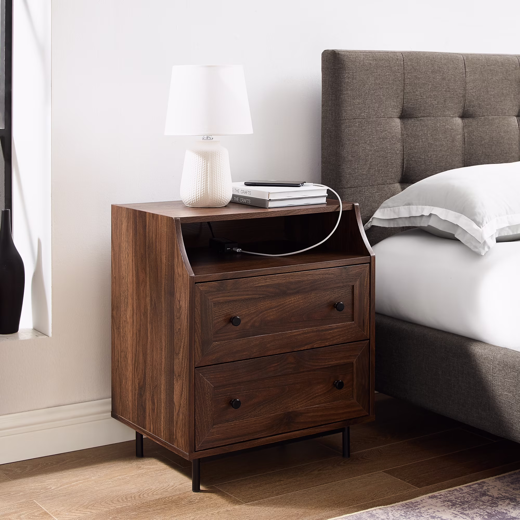 Walker Edison Modern 2 Drawer Nightstand with USB Port, Dark Walnut