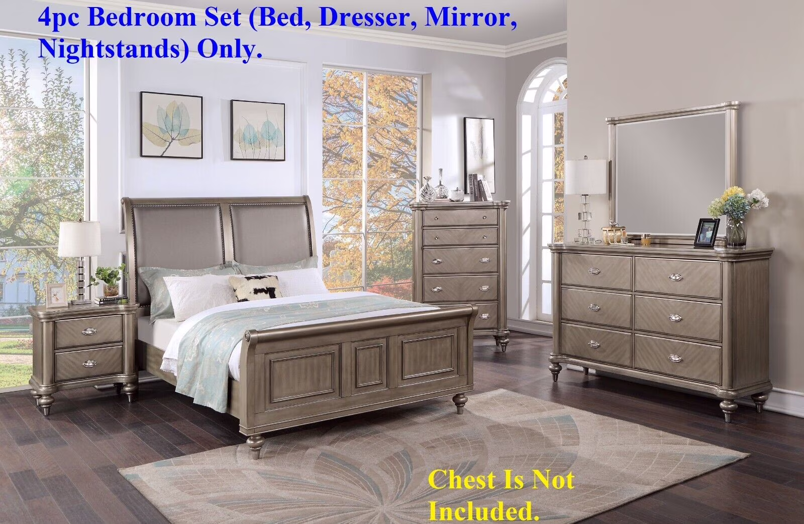 Formal Grey Finish 4p Bedroom Furniture Eastern King Size Bed Dresser Mirror Nightstand Sleigh HB Upholstered HB Classic FB