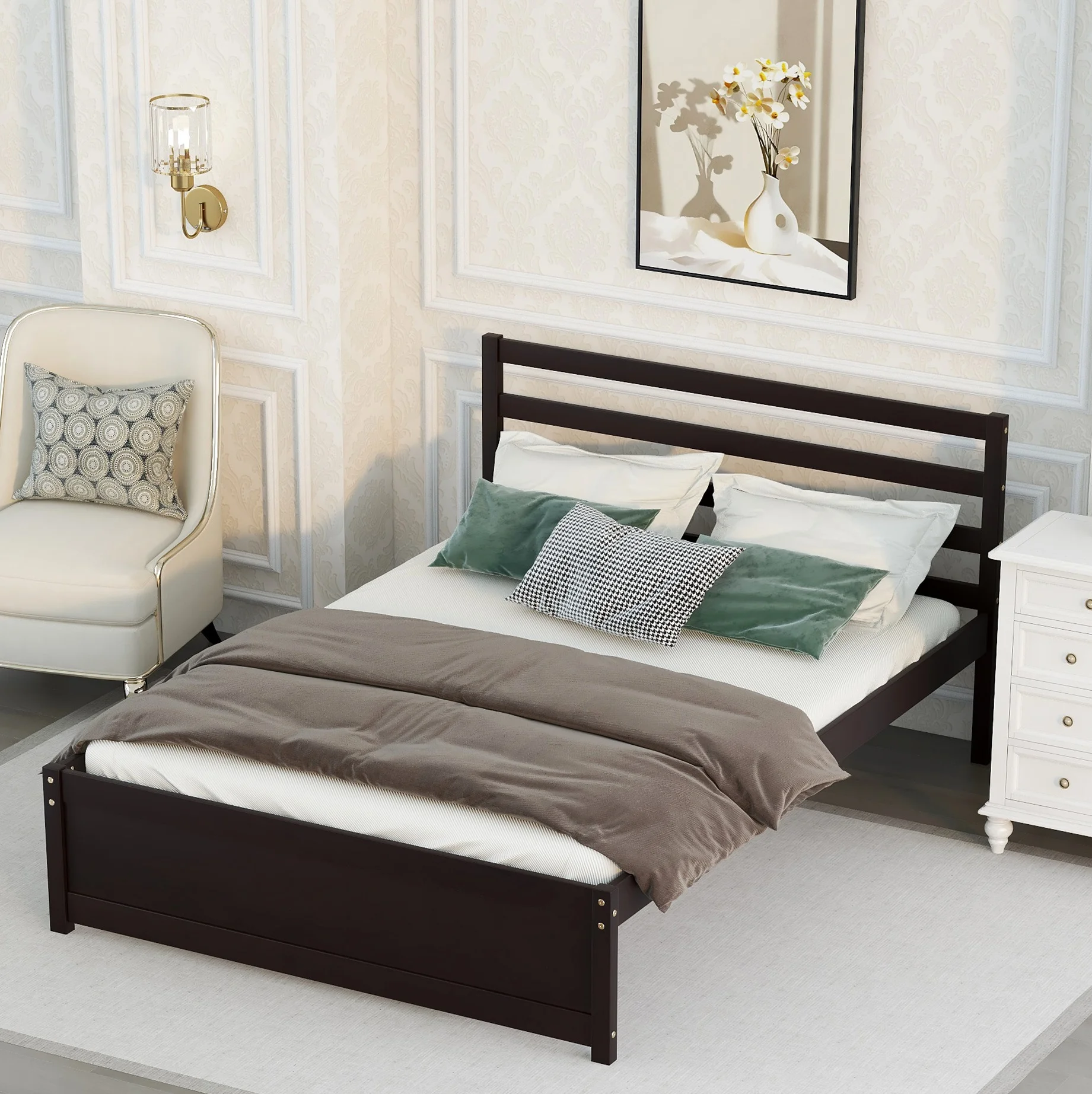 Full Platform Bed Frame, Espresso Full Bed Frame Wood with Headboard, No Box Spring Needed, LJ2087