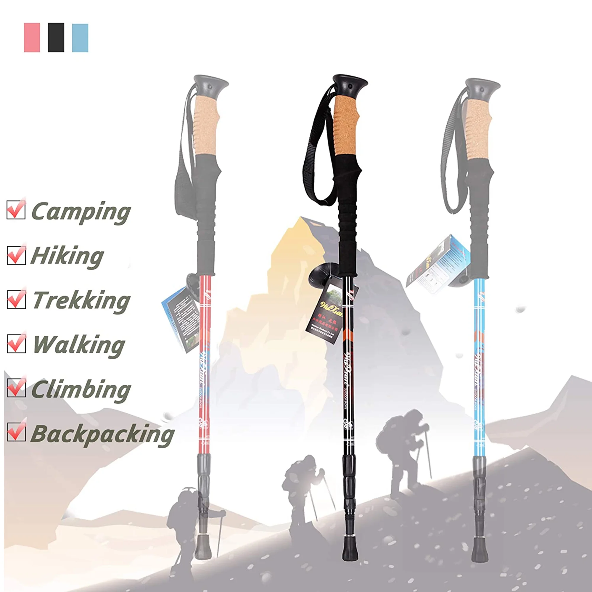 KARMAS PRODUCT 2 Pack Trekking Poles Collapsible Climbing Stick,Black