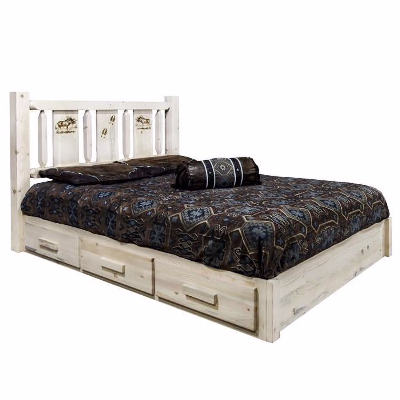 Homestead Collection Platform Bed with Storage, Full Size with Laser Engraved Moose Design, Ready to Finish