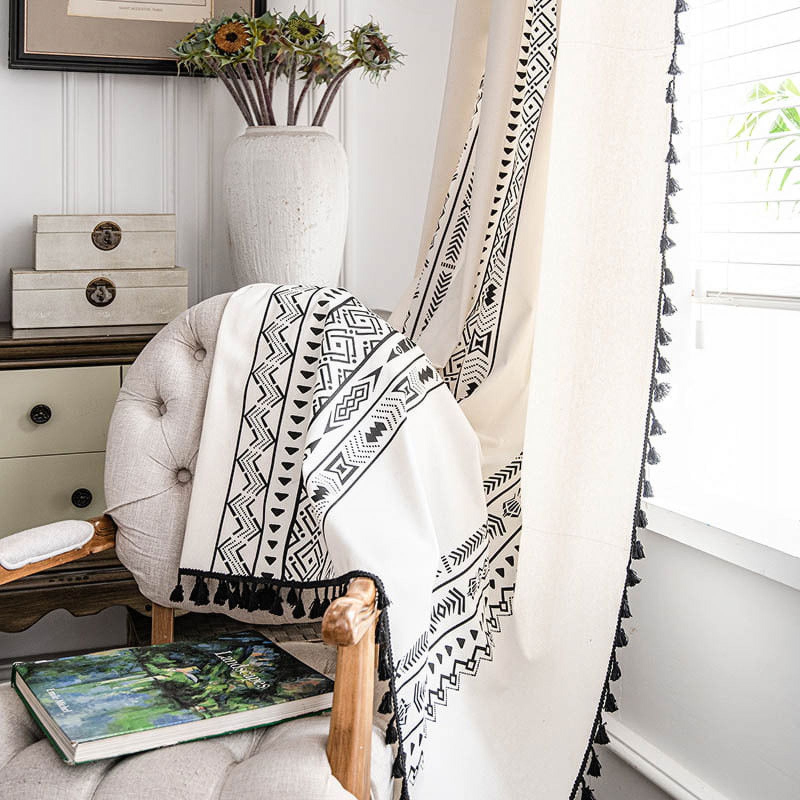 Bohemian Window Curtain Panel with Tassles Rod Pocket Colorful Vintage Semi-Blackout Cotton Linen Darkening Drapes for Bedroom Dining Living Room