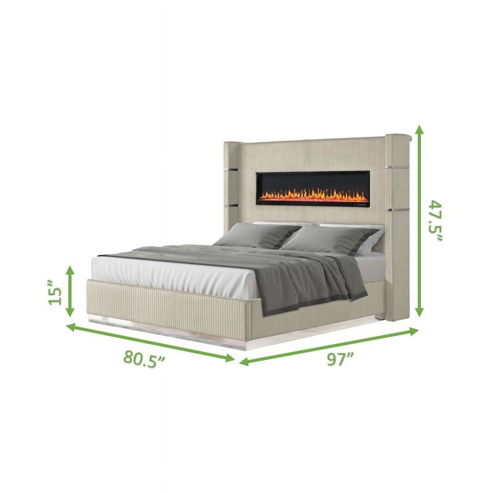 Pemberly Row Upholstery Wooden King Bed w/ Ambient lighting-Beige Velvet Finish