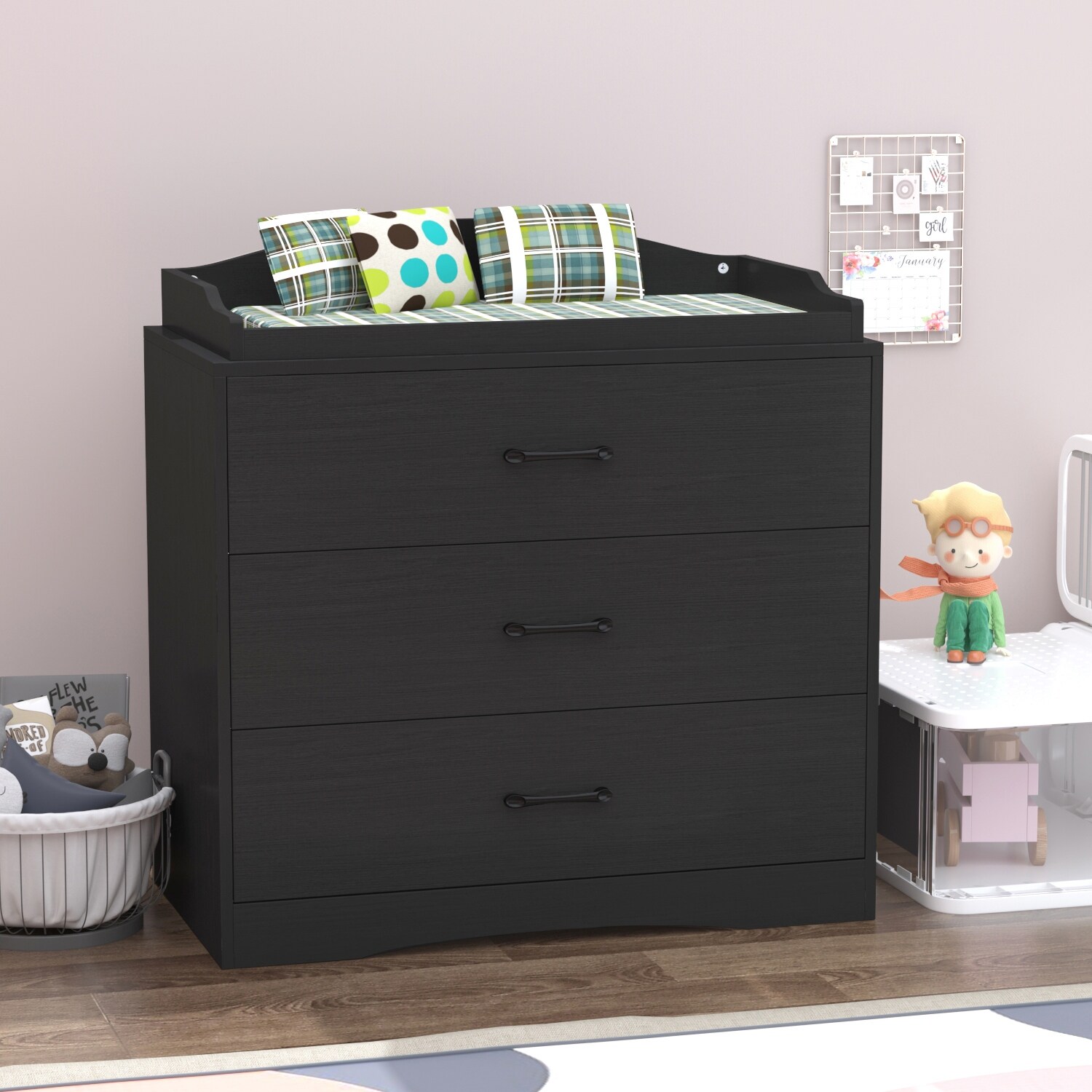 Benton Technology Kerrogee 3-Drawer Dresser with Changing Table - Grey/White/Black White