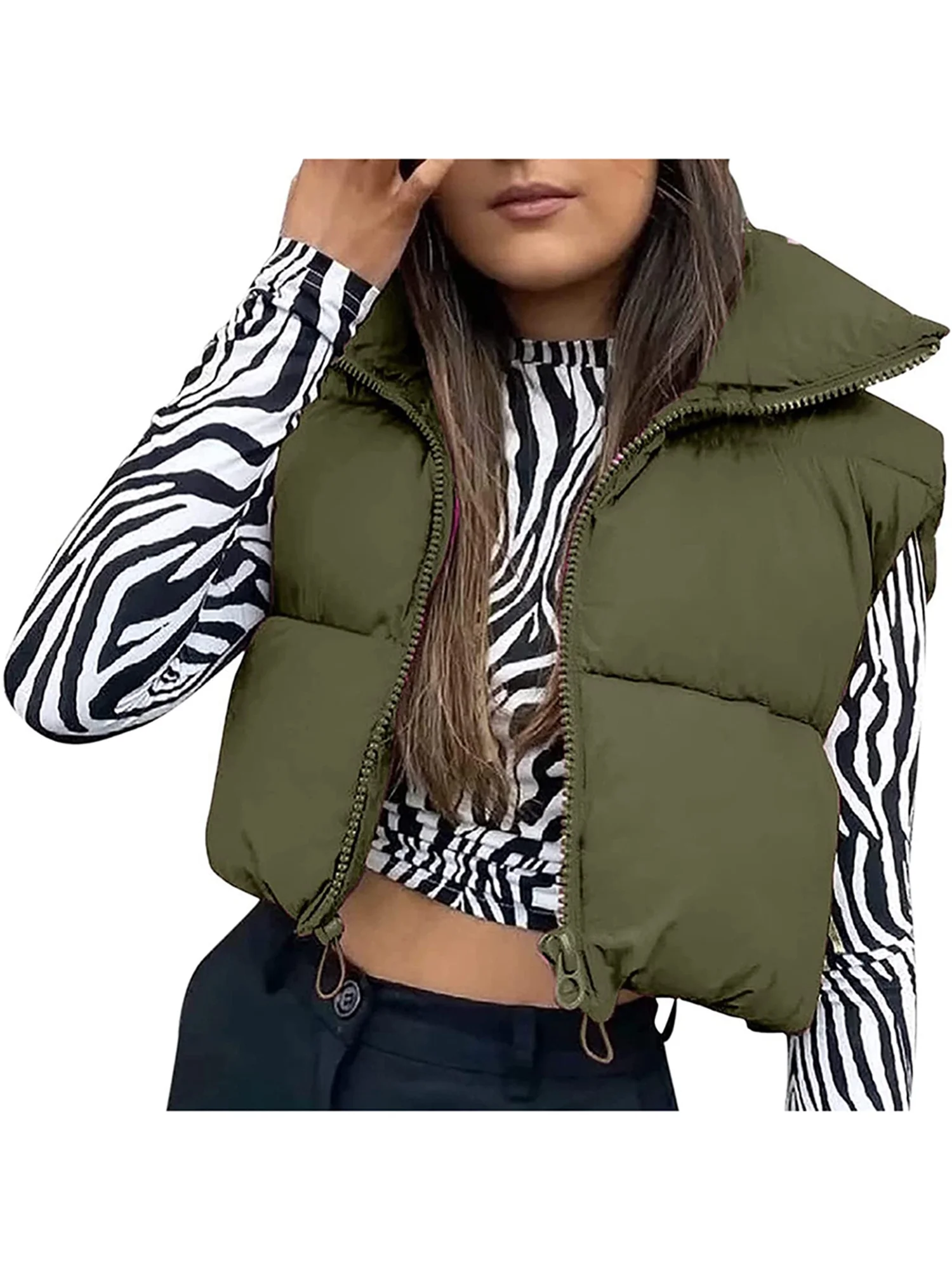 Women Zip Up Waistcoat Retro Short Sleeveless Cropped Stand Neck Zipper Puffer Vest Winter Jacket Winter Warm Gilet