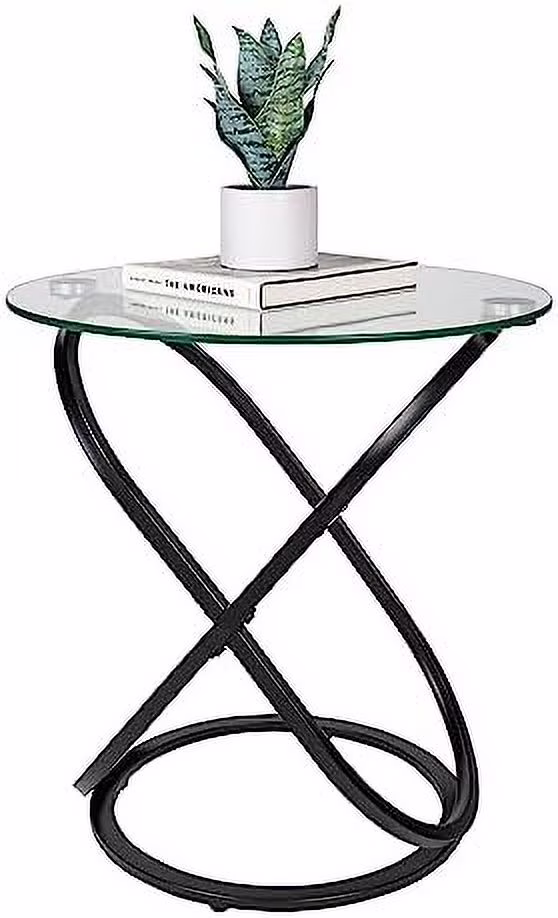 YZboomLife .  Decor - Galaxy Small Round Clear Tempered Glass and Metal Frame  - Bedside Table \u2013 End Table - Accent Table (Black/Clear)